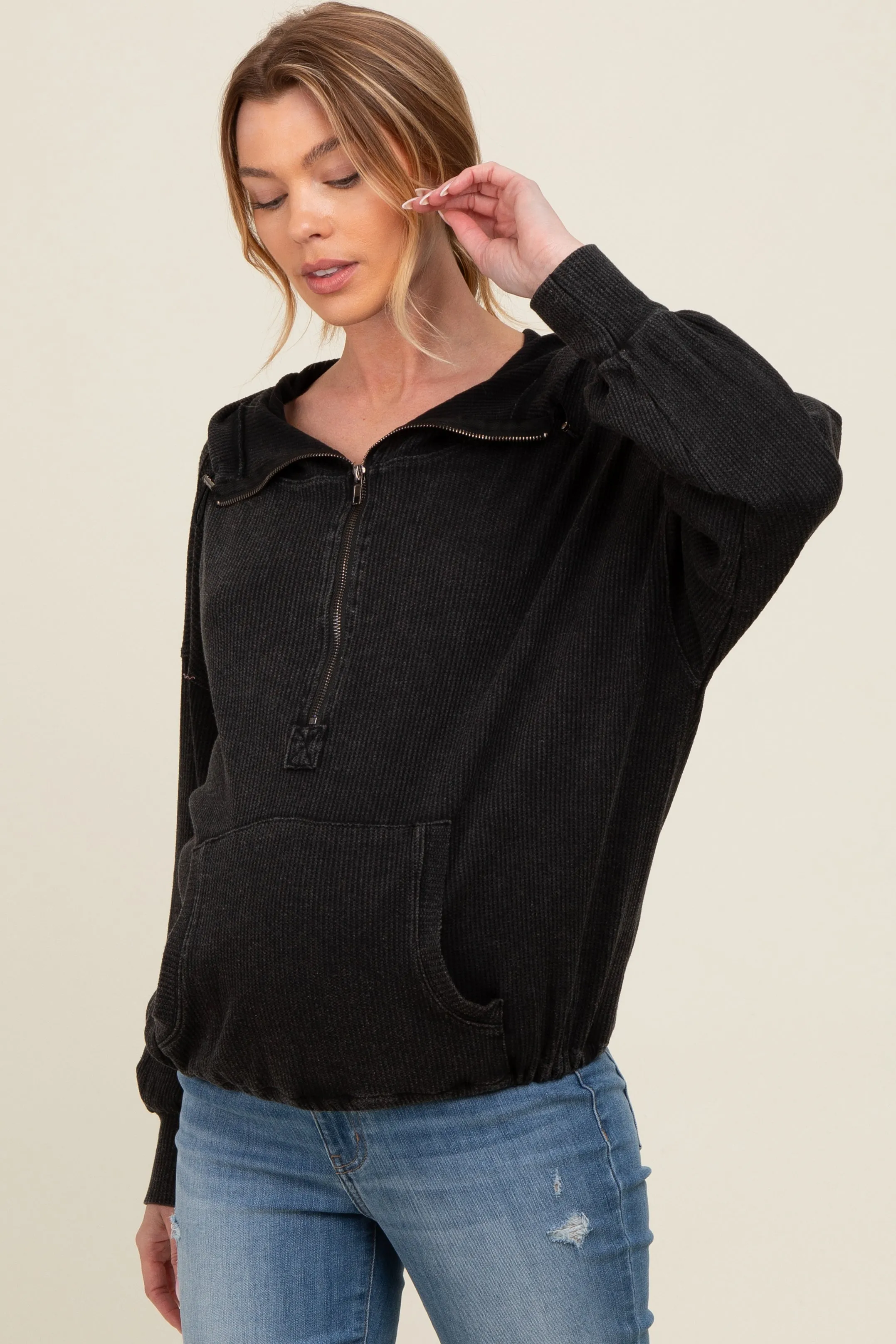 Charcoal Waffle Knit Half Zip Relaxed Fit Maternity Hoodie sold by Pinkblush product image thumbnail 3