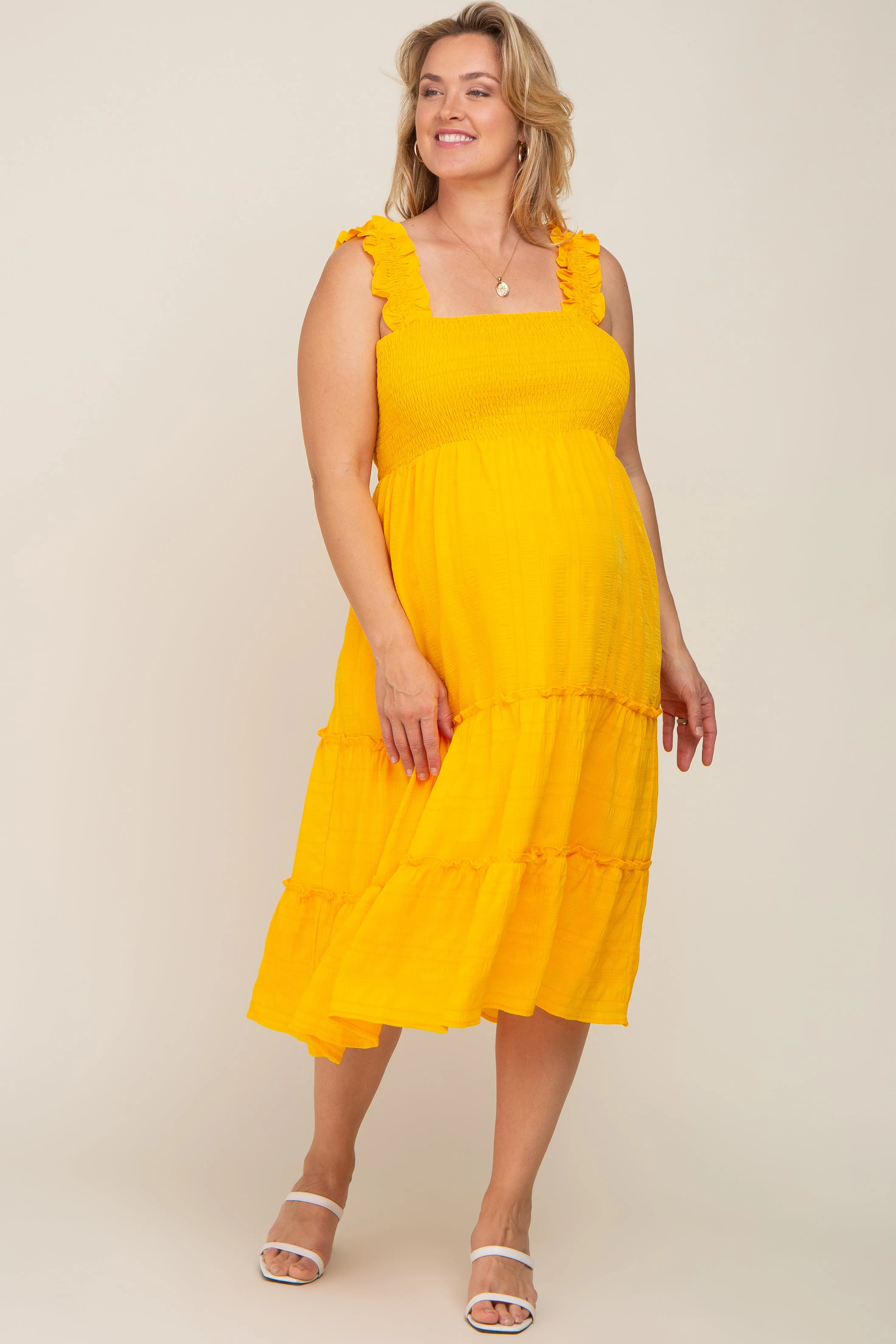 Yellow Smocked Square Neck Ruffle Strap Tiered Maternity Plus Midi Dress sold by Pinkblush product image thumbnail 5