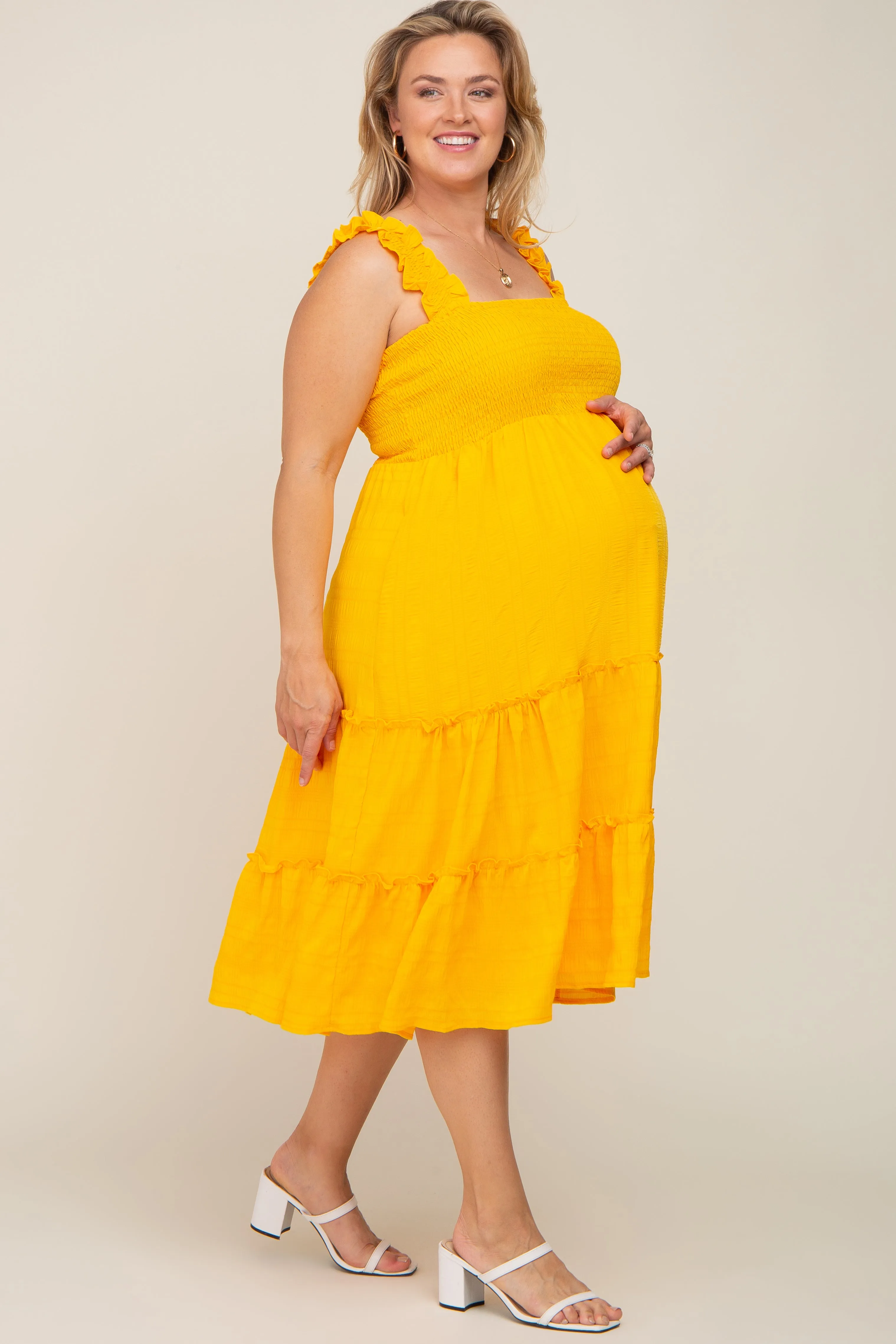 Yellow Smocked Square Neck Ruffle Strap Tiered Maternity Plus Midi Dress sold by Pinkblush product image thumbnail 2
