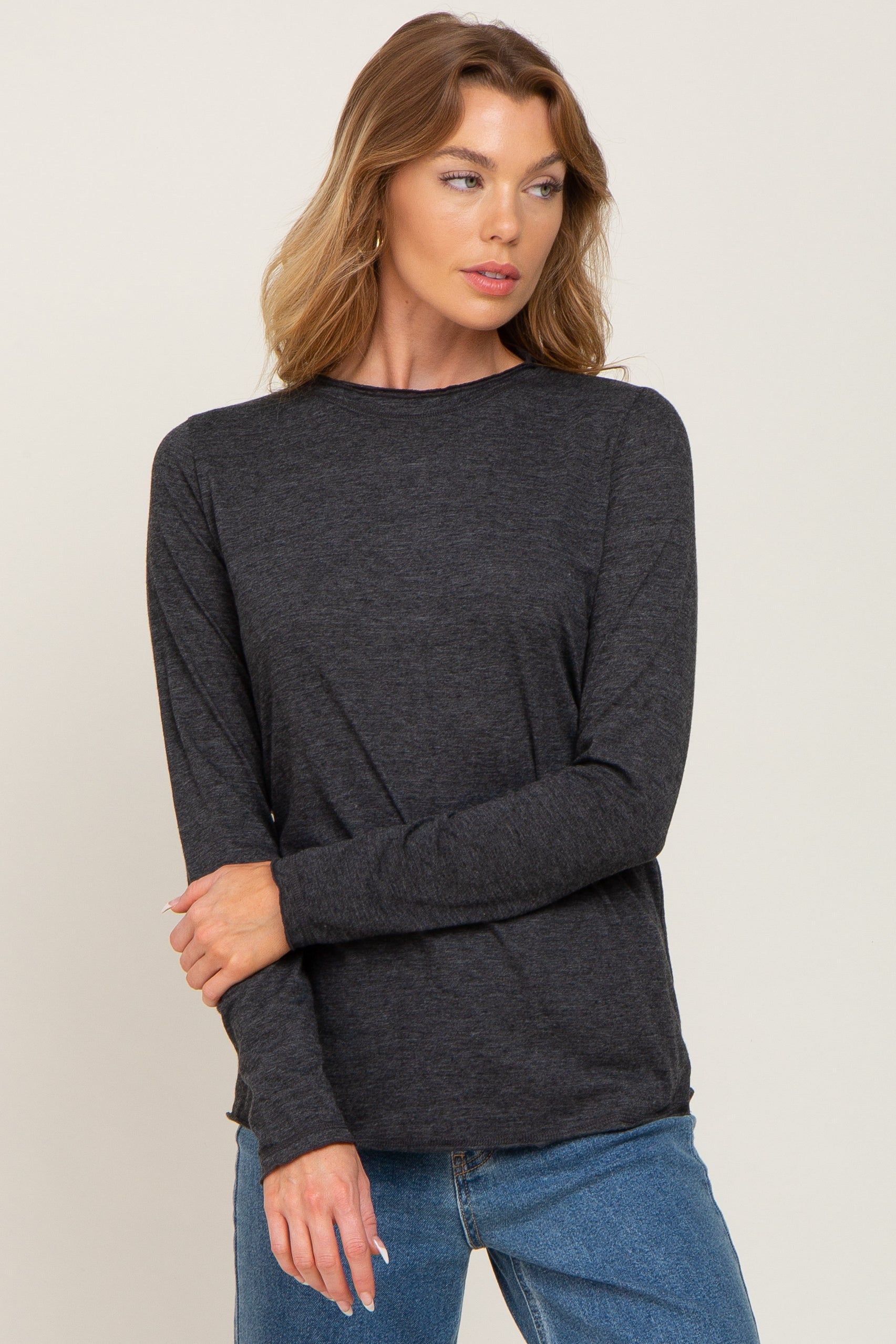 Charcoal Basic Raw Hem Long Sleeve Top sold by Pinkblush
