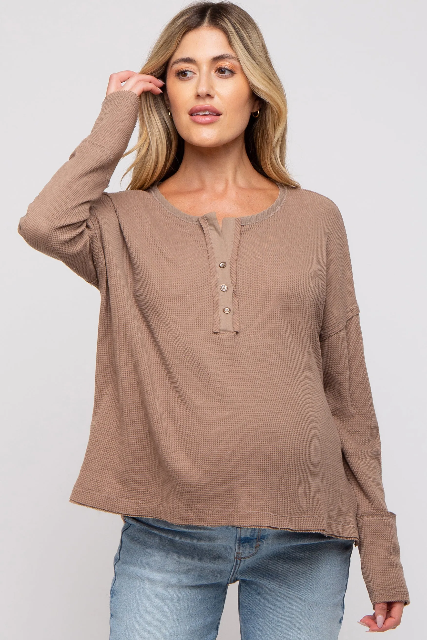 Mocha Waffle Knit Maternity Henley Top sold by Pinkblush