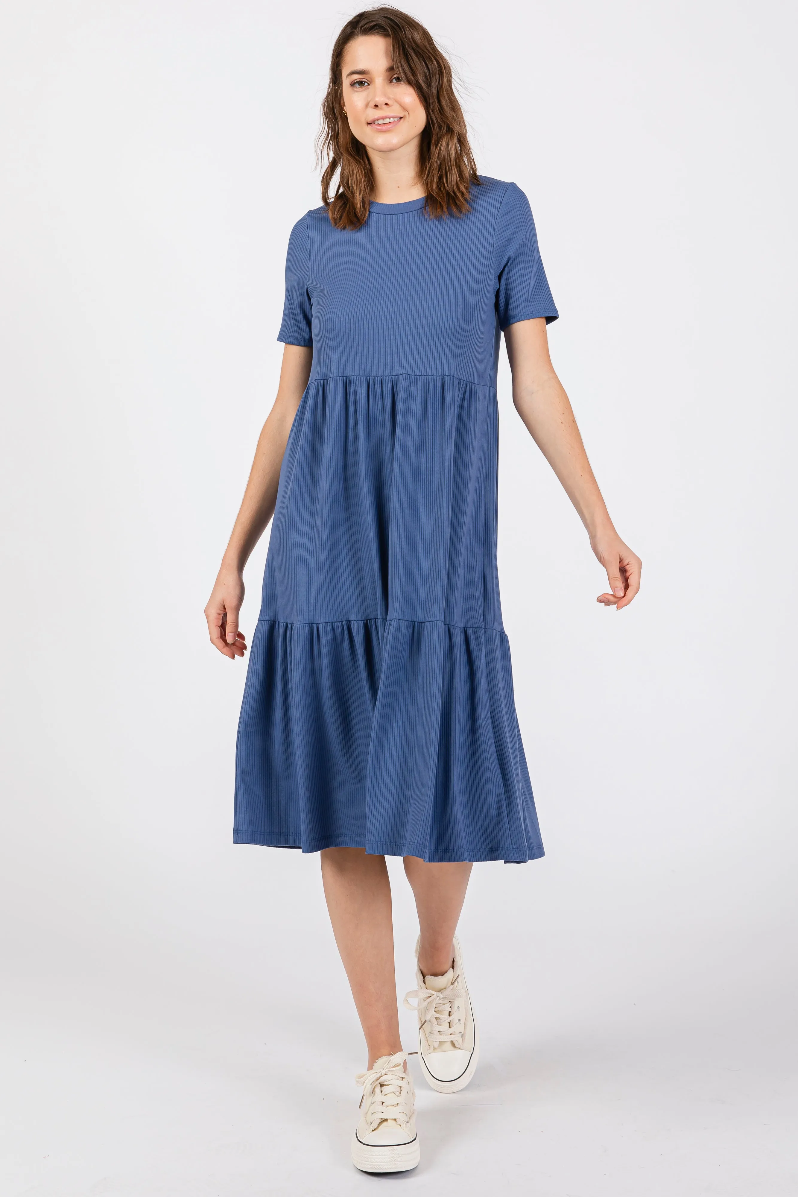 Blue Ribbed Tiered Midi Dress sold by Pinkblush