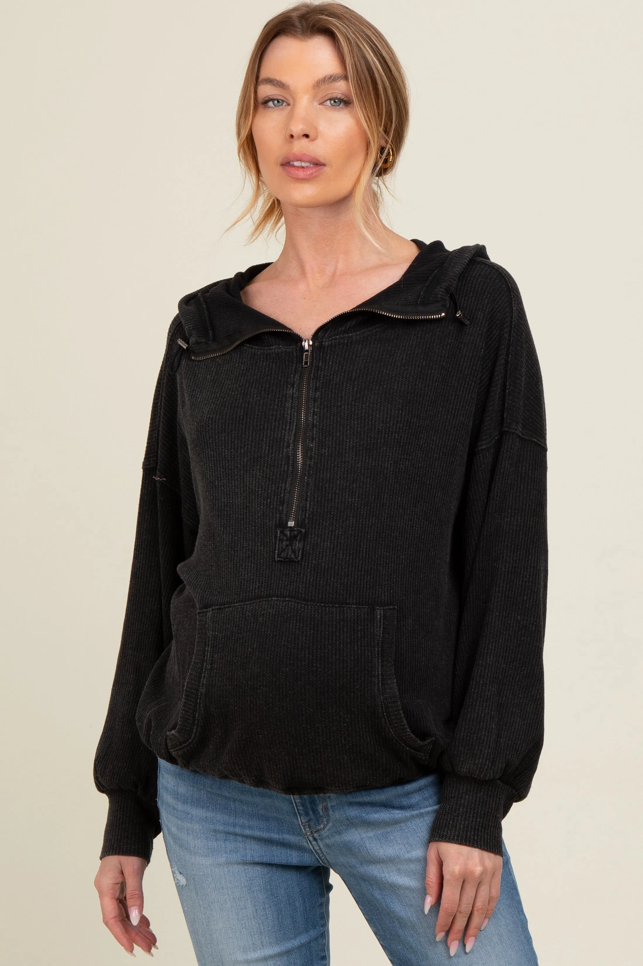 Charcoal Waffle Knit Half Zip Relaxed Fit Maternity Hoodie sold by Pinkblush