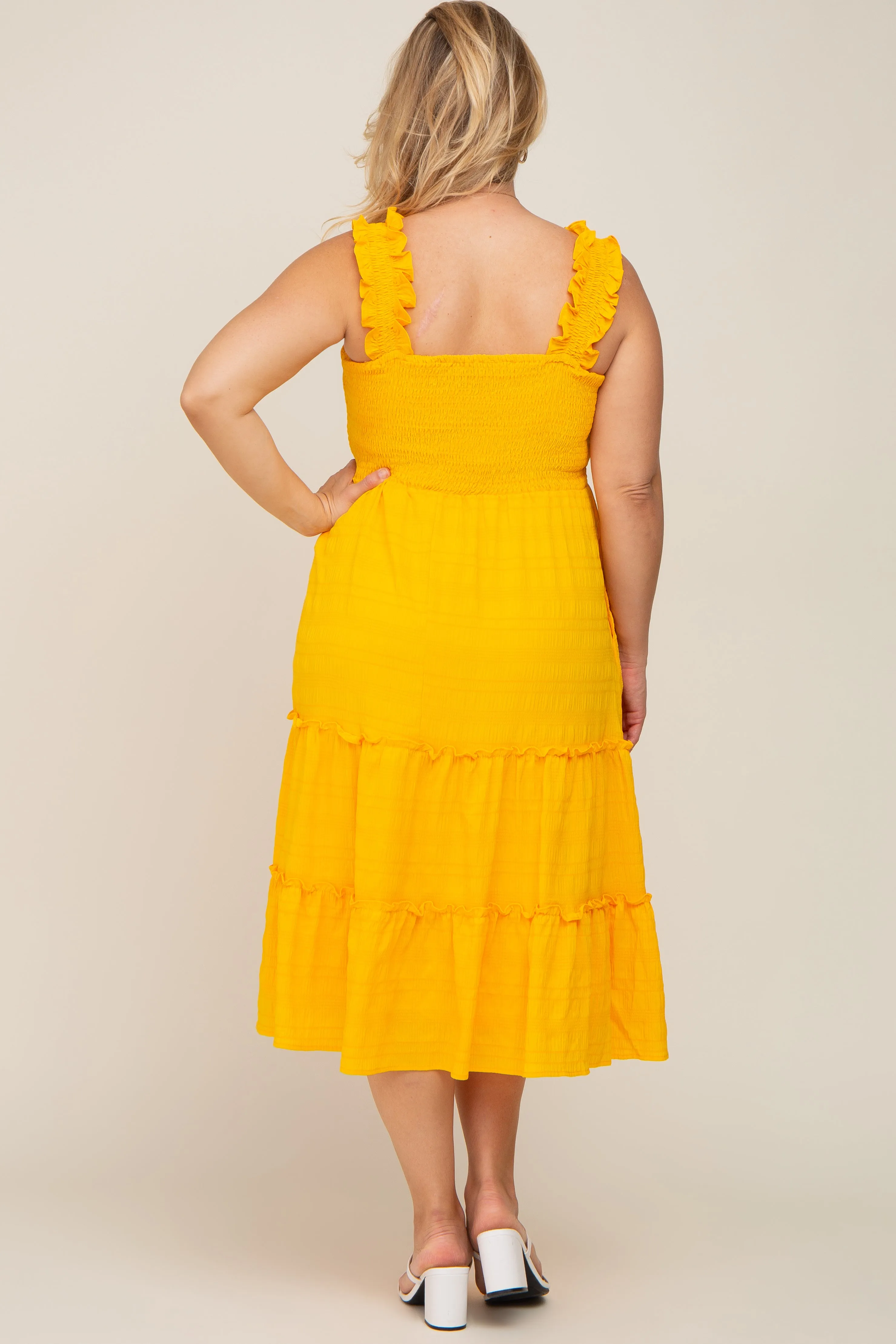 Yellow Smocked Square Neck Ruffle Strap Tiered Maternity Plus Midi Dress sold by Pinkblush product image thumbnail 3