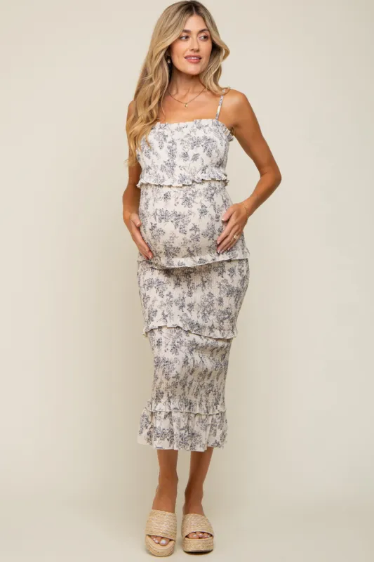 Cream Floral Smocked Fitted Maternity Midi Dress sold by Pinkblush