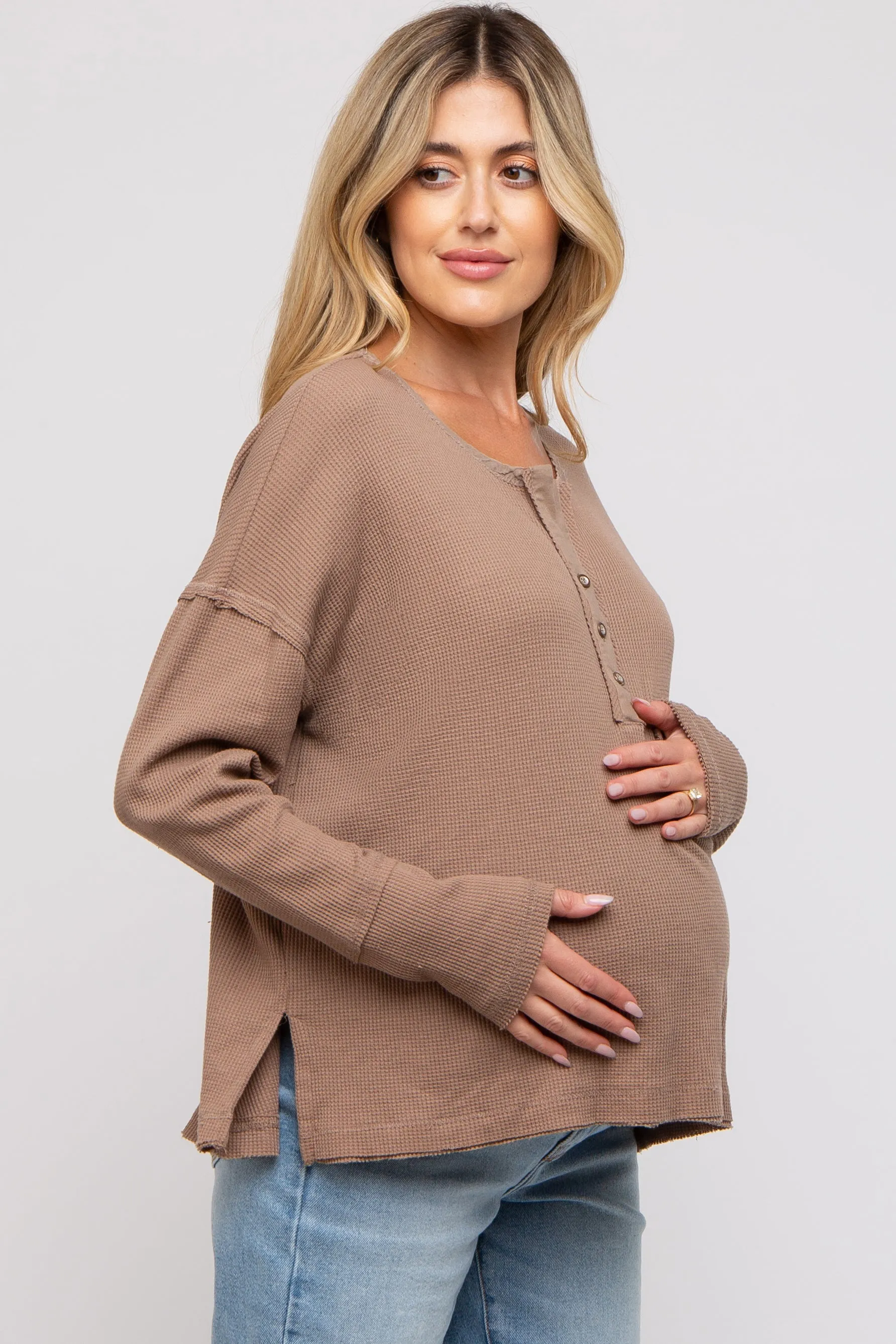 Mocha Waffle Knit Maternity Henley Top sold by Pinkblush product image thumbnail 2