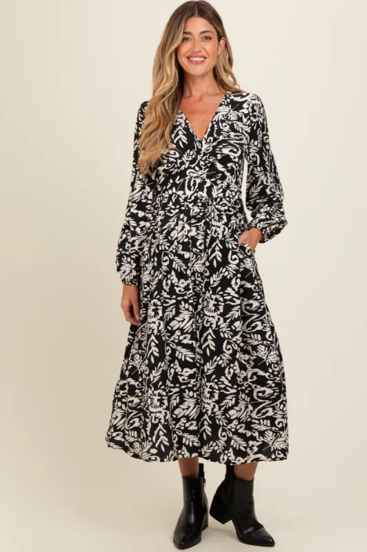 Black Abstract Floral Gathered Front Maternity Midi Dress sold by Pinkblush