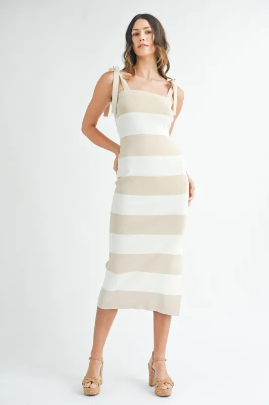 Beige Striped Knit Fitted Tie Strap Midi Dress sold by Pinkblush