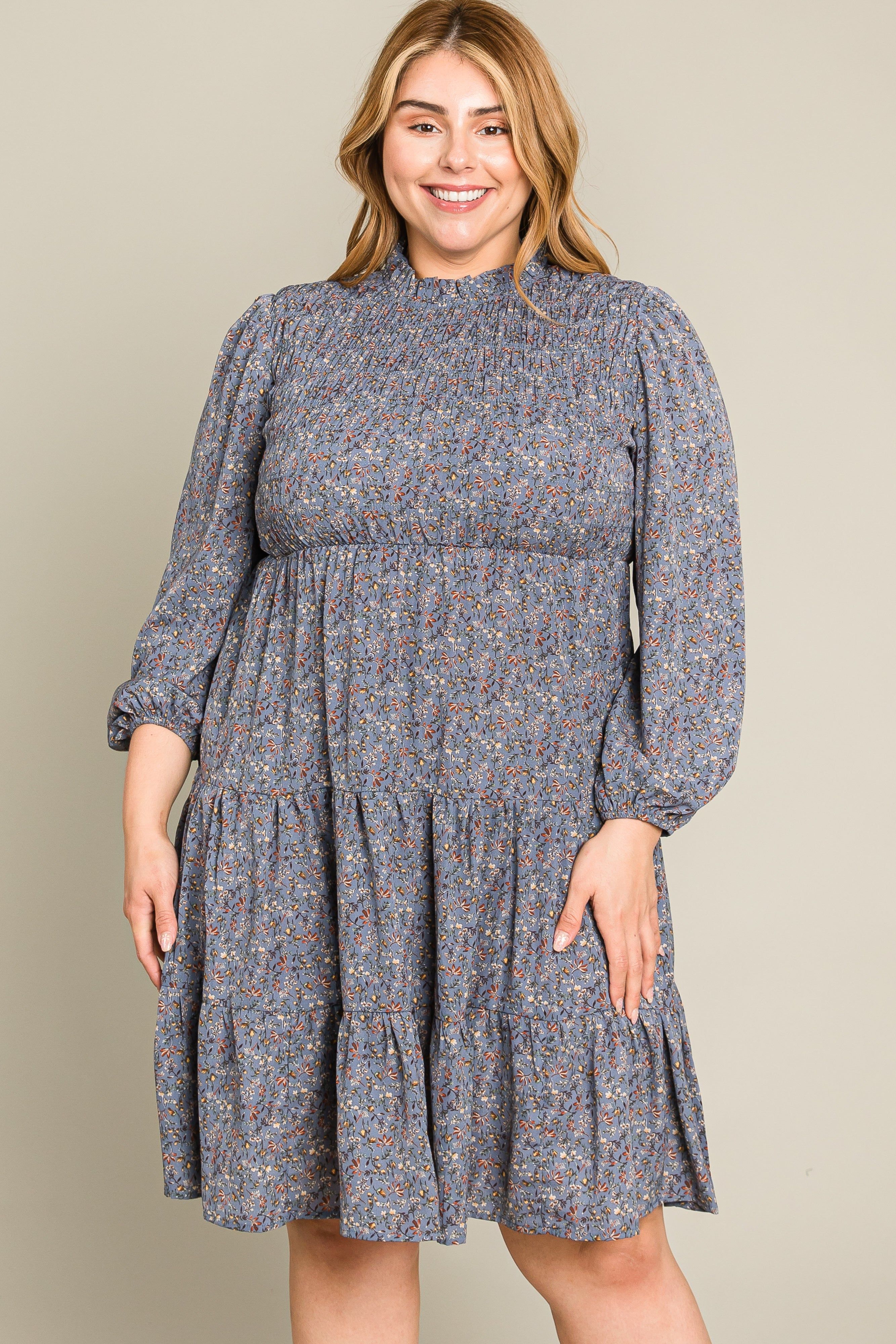 Blue Floral Shirred Mock Neck Plus Dress sold by Pinkblush product image thumbnail 3