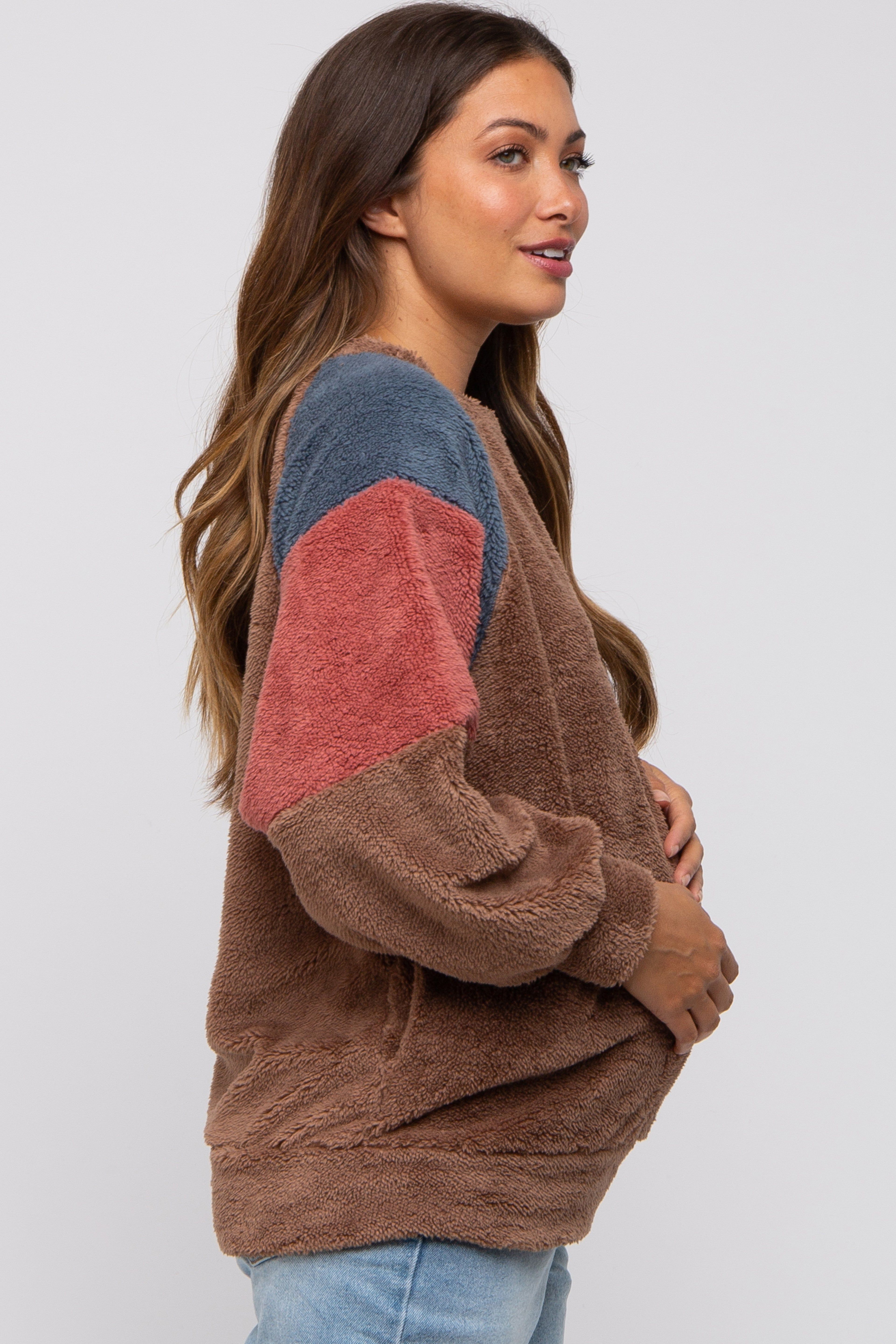 Brown Colorblock Soft Fleece Pullover Maternity Sweater sold by Pinkblush product image thumbnail 2