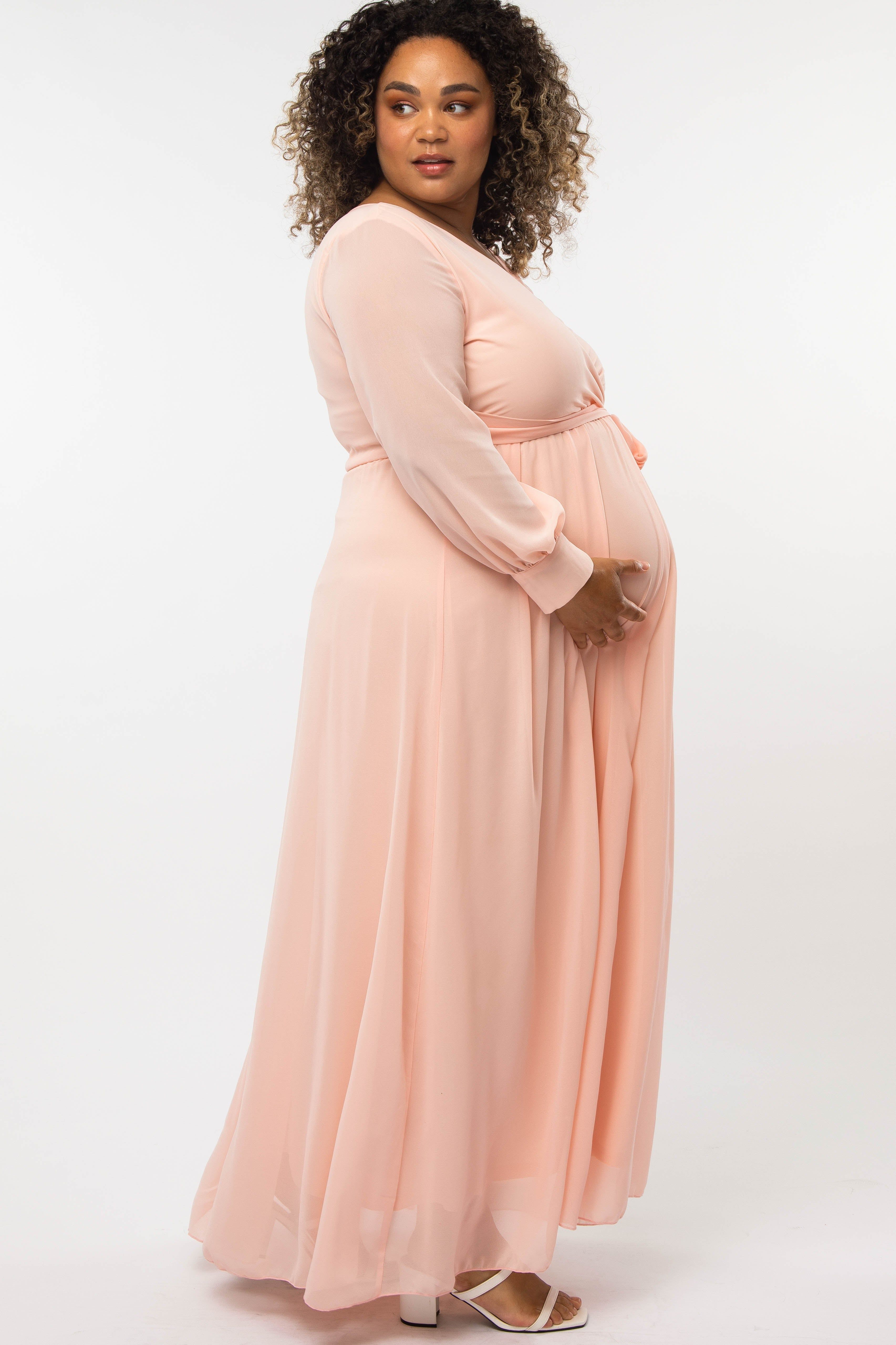 Peach Chiffon Long Sleeve Pleated Plus Maternity Maxi Dress sold by Pinkblush product image thumbnail 2