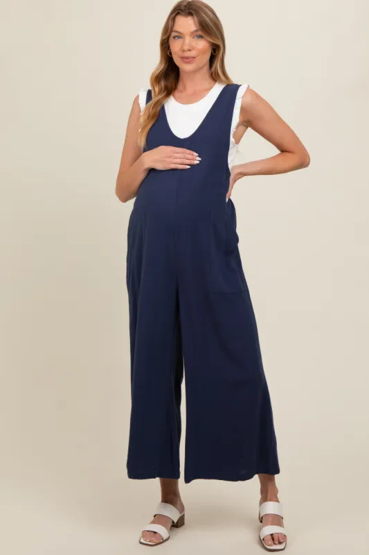 Navy Blue V-Neck Wide Leg Maternity Jumpsuit sold by Pinkblush