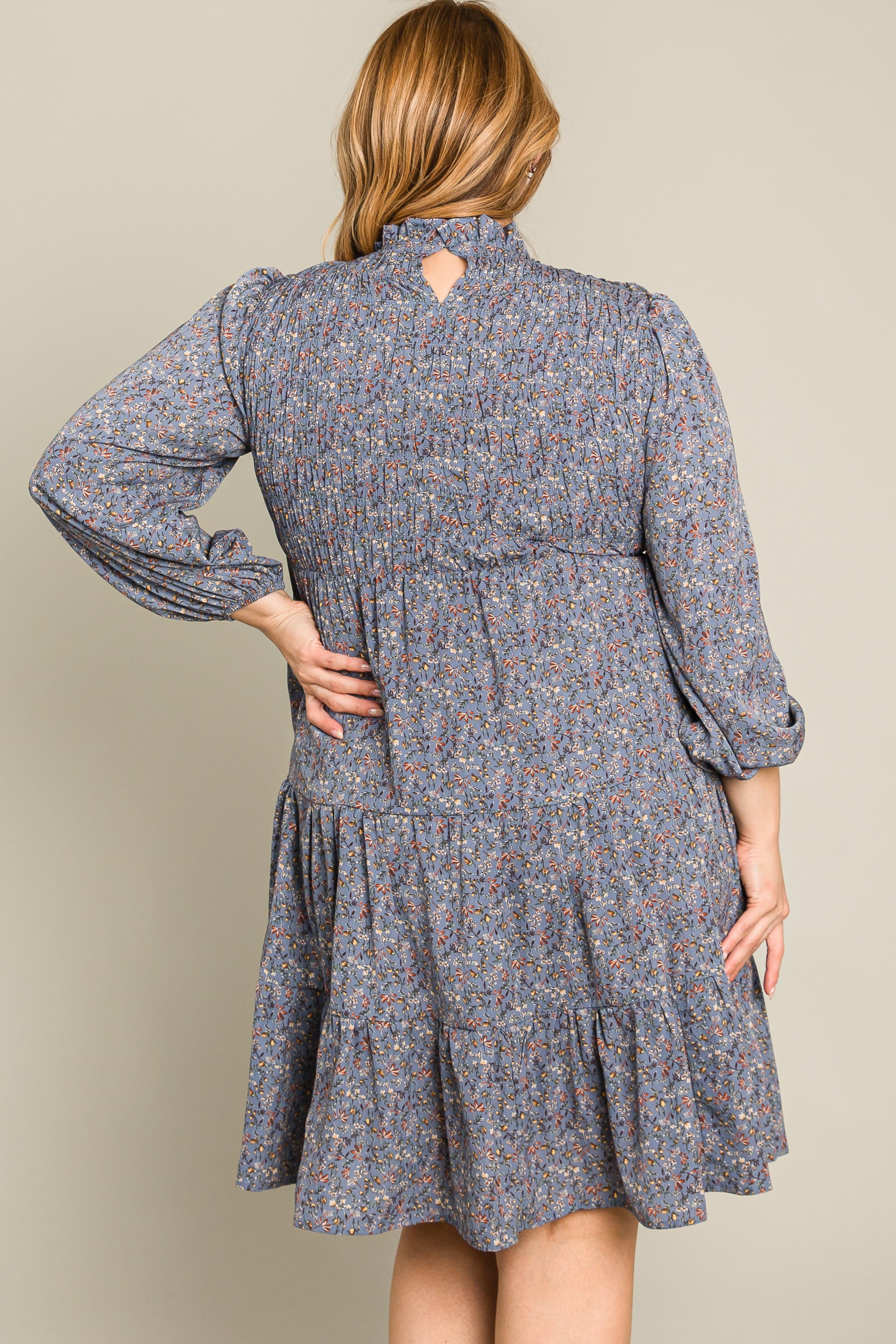 Blue Floral Shirred Mock Neck Plus Dress sold by Pinkblush product image thumbnail 10