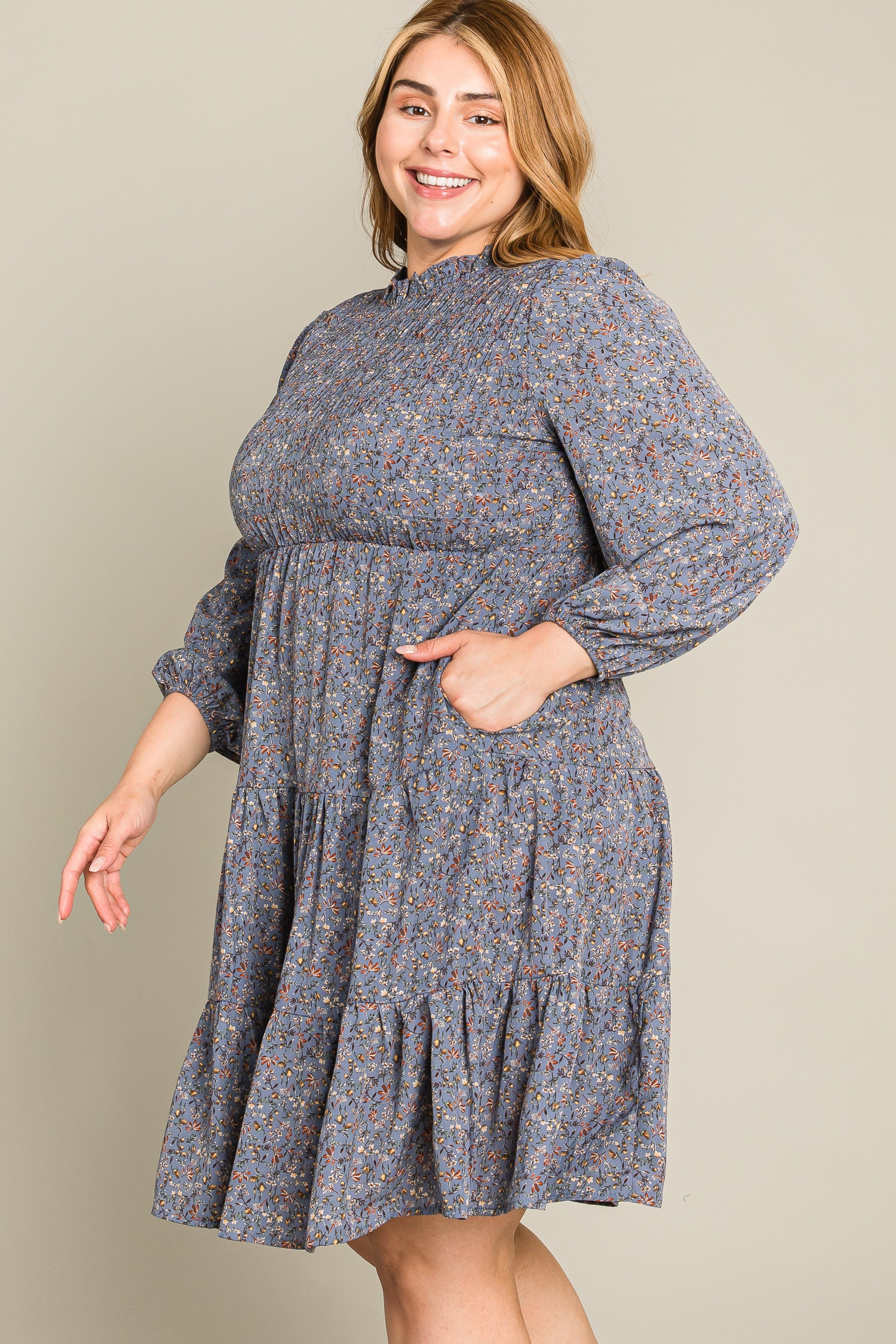 Blue Floral Shirred Mock Neck Plus Dress sold by Pinkblush product image thumbnail 7