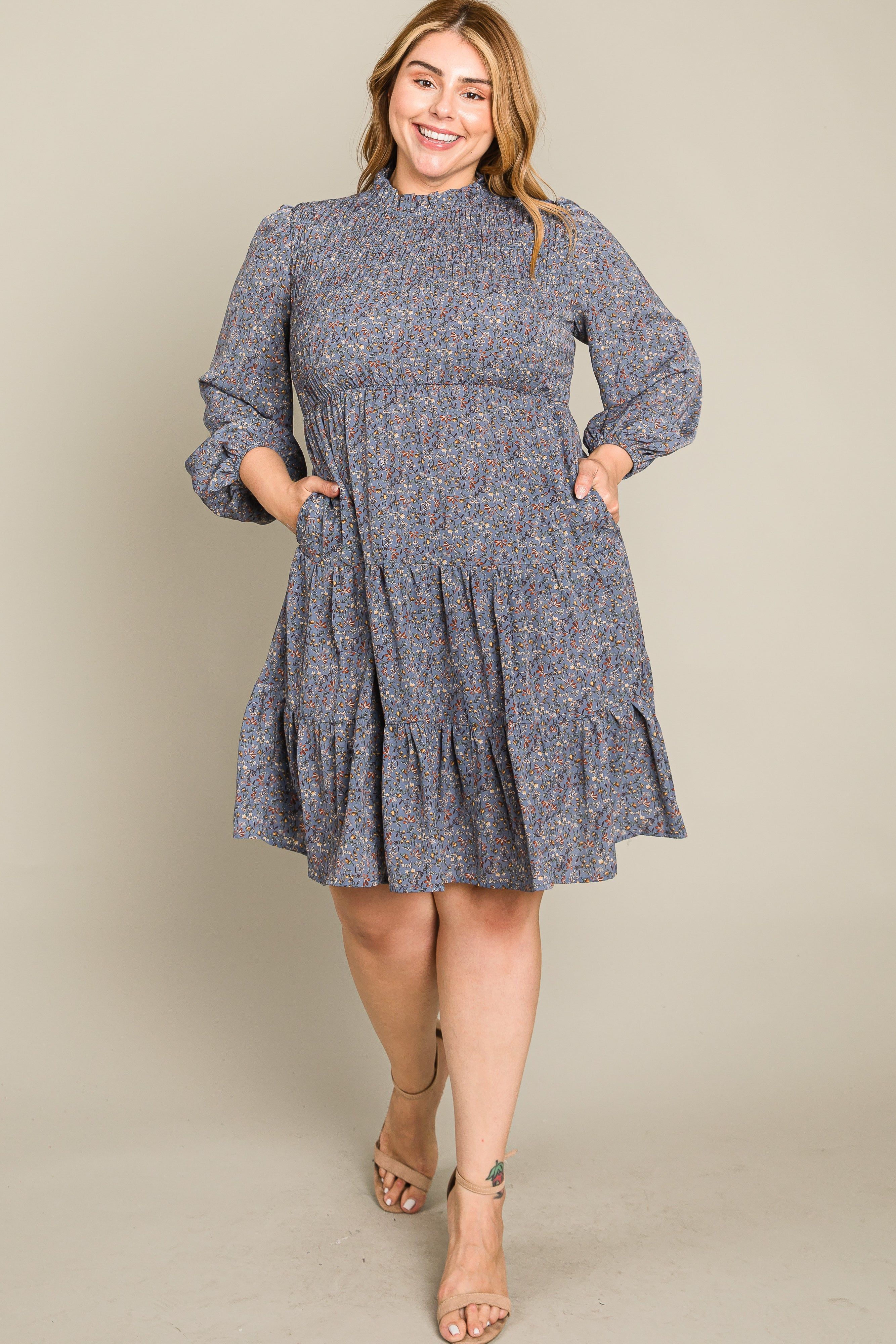 Blue Floral Shirred Mock Neck Plus Dress sold by Pinkblush product image thumbnail 4
