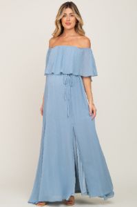 Light Blue Chiffon Off Shoulder Maternity Maxi Dress sold by Pinkblush
