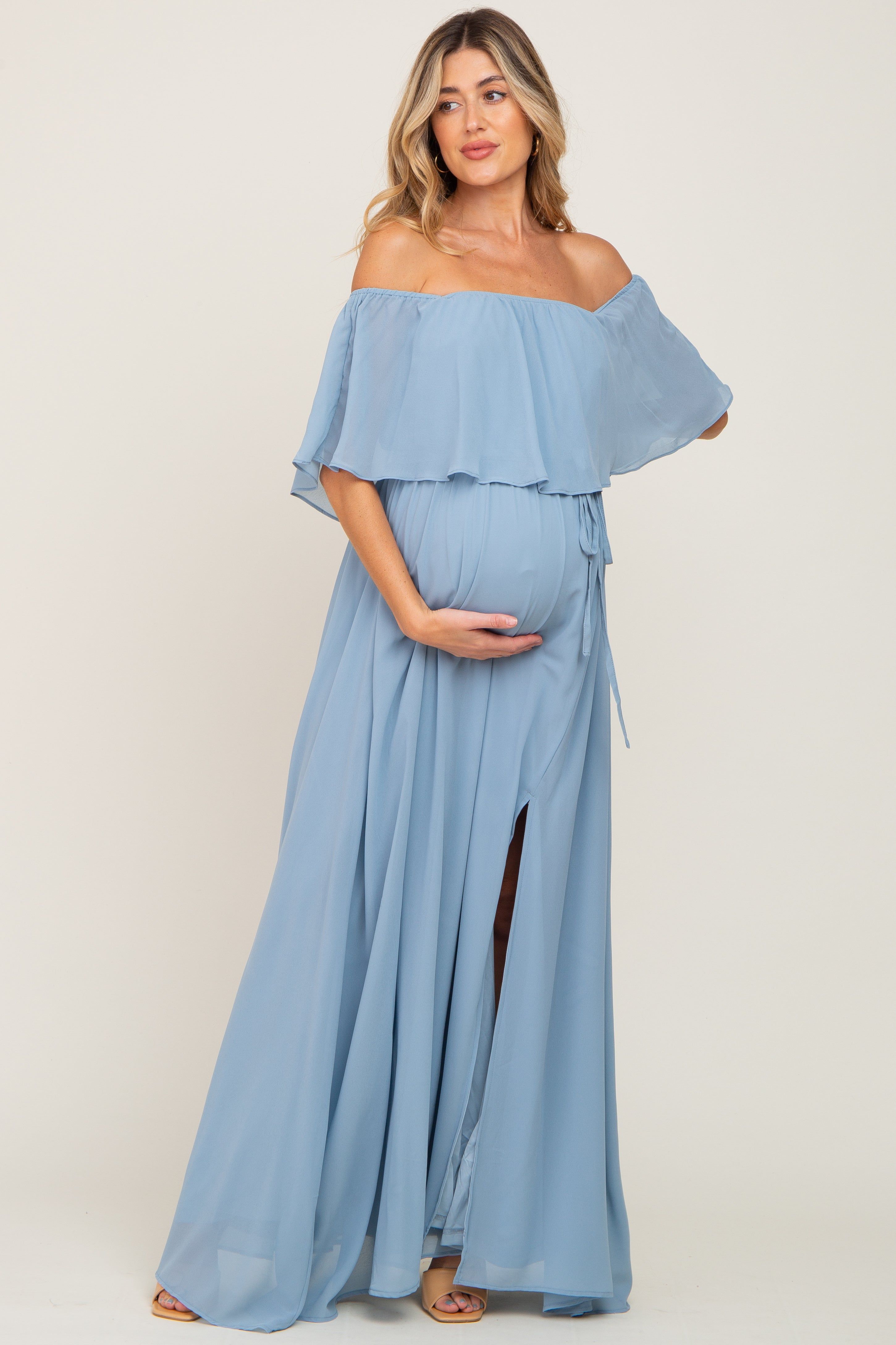 Light Blue Chiffon Off Shoulder Maternity Maxi Dress sold by Pinkblush