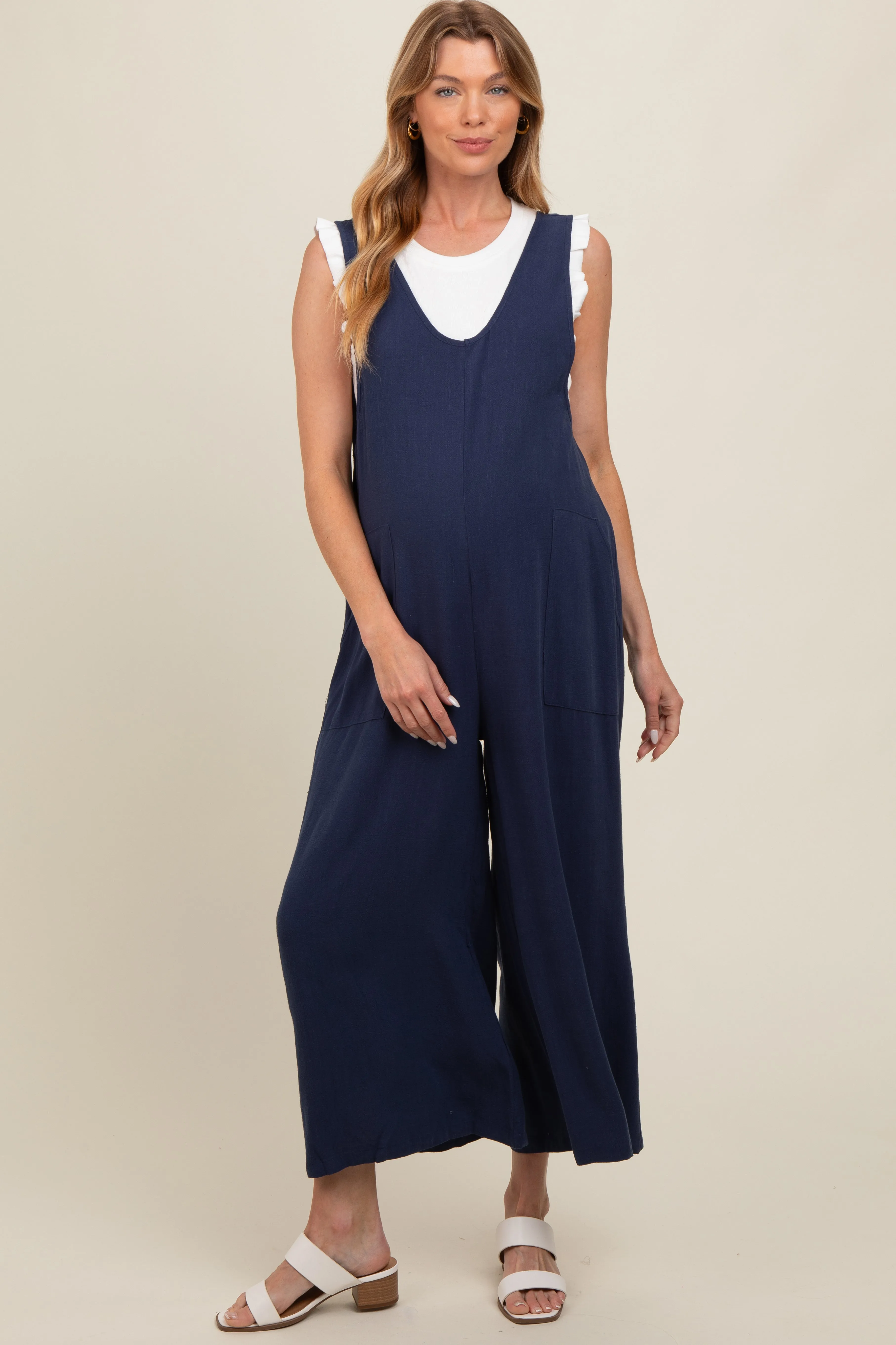 Navy Blue V-Neck Wide Leg Maternity Jumpsuit sold by Pinkblush product image thumbnail 2