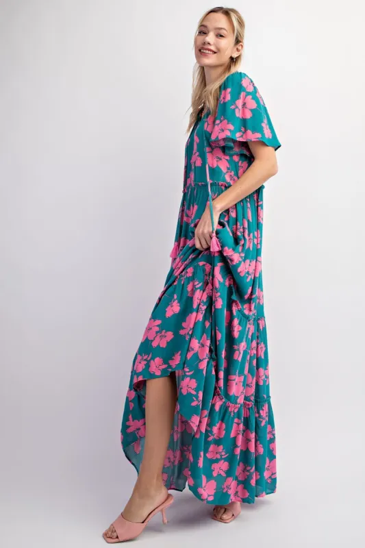 Dark Teal Floral Ruffle Neck Tiered Maxi Dress sold by Pinkblush