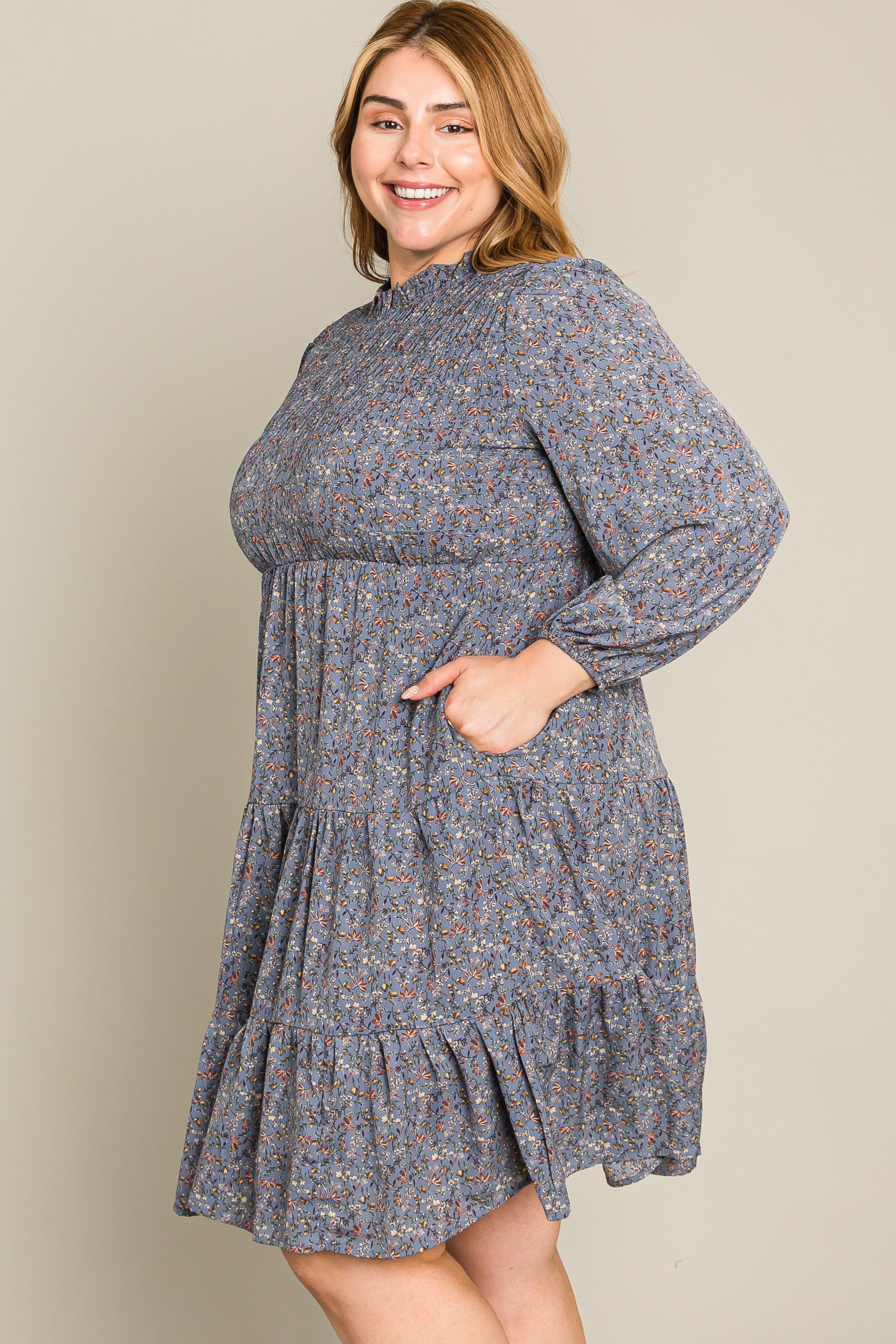 Blue Floral Shirred Mock Neck Plus Dress sold by Pinkblush product image thumbnail 8