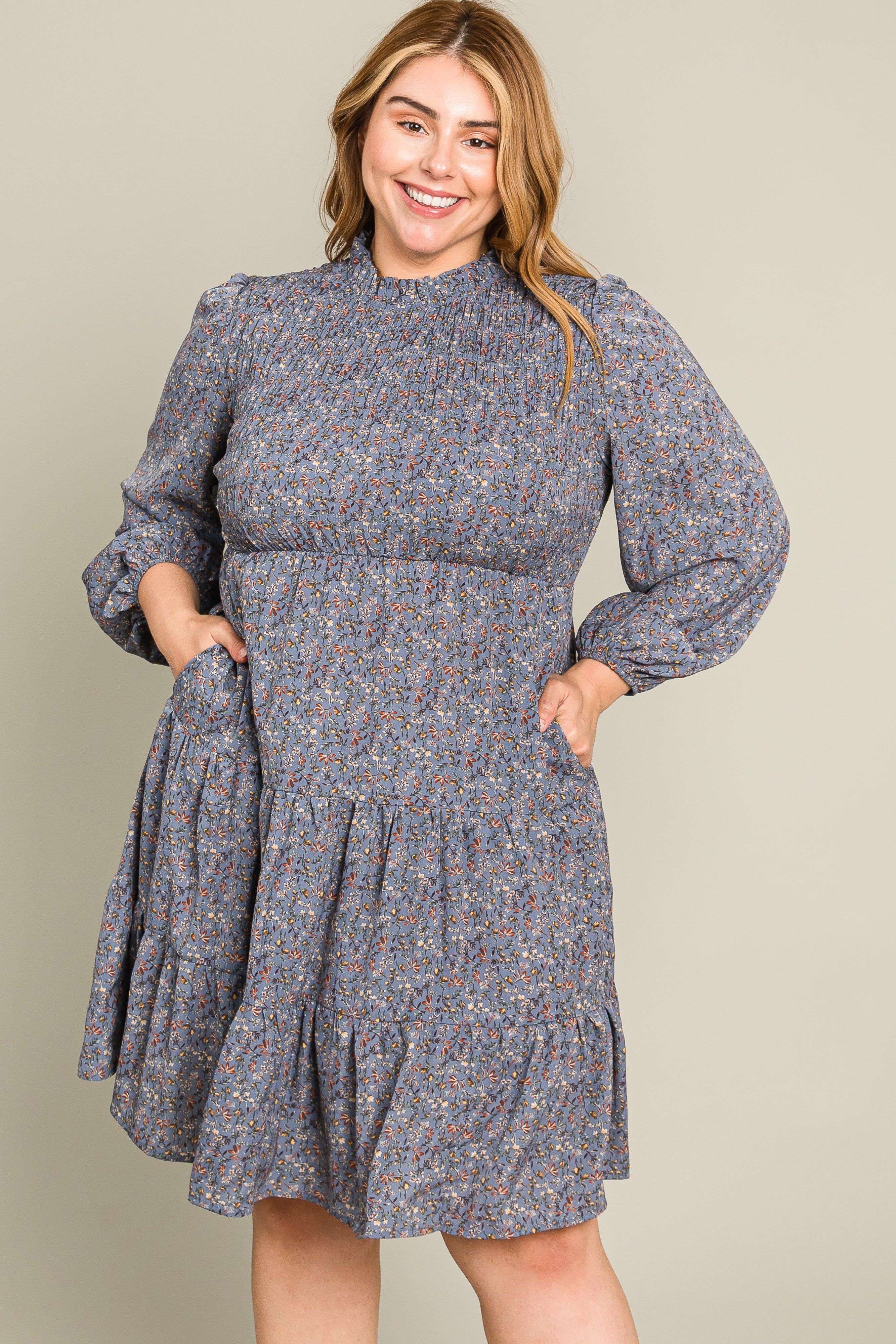 Blue Floral Shirred Mock Neck Plus Dress sold by Pinkblush product image thumbnail 5