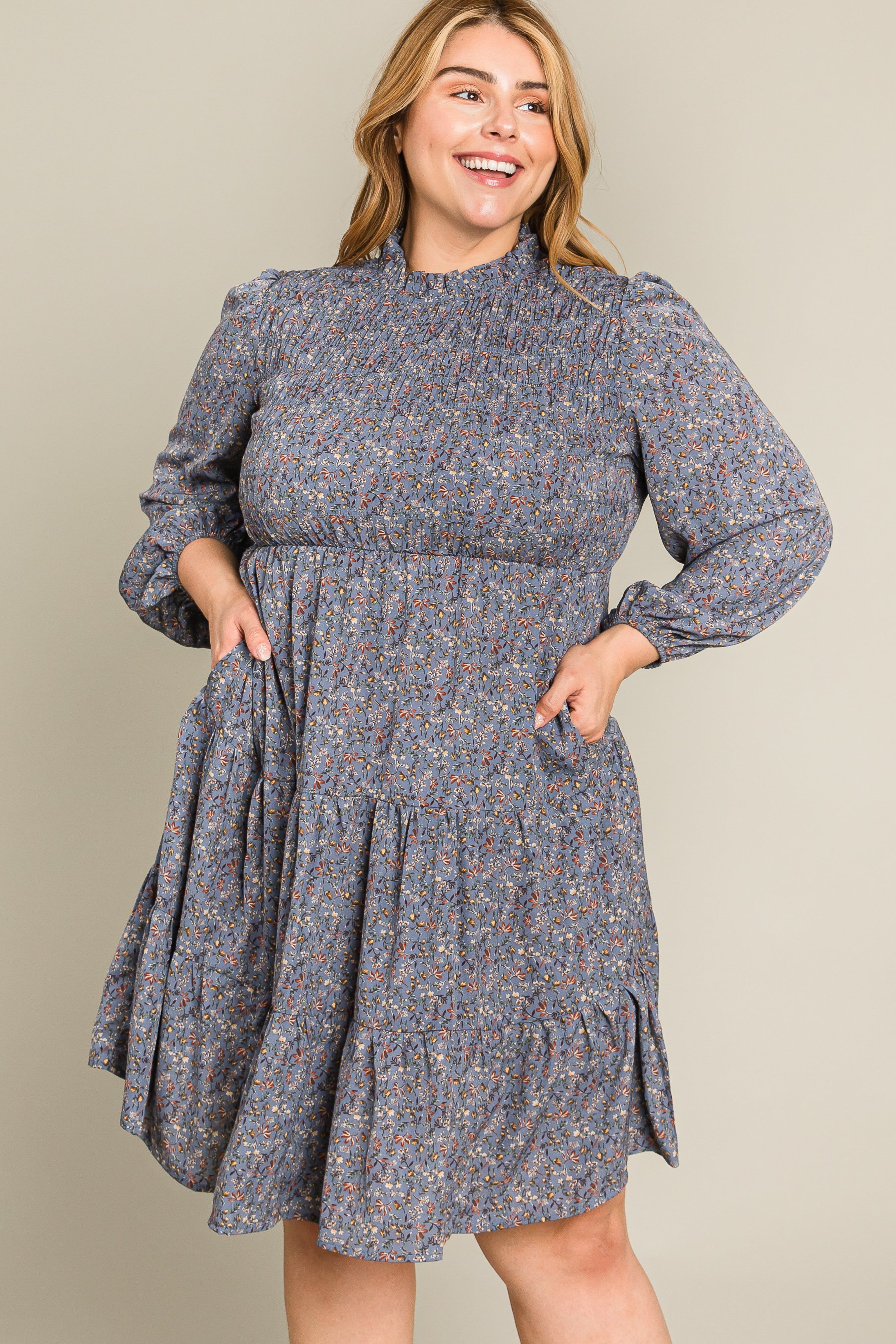 Blue Floral Shirred Mock Neck Plus Dress sold by Pinkblush product image thumbnail 2