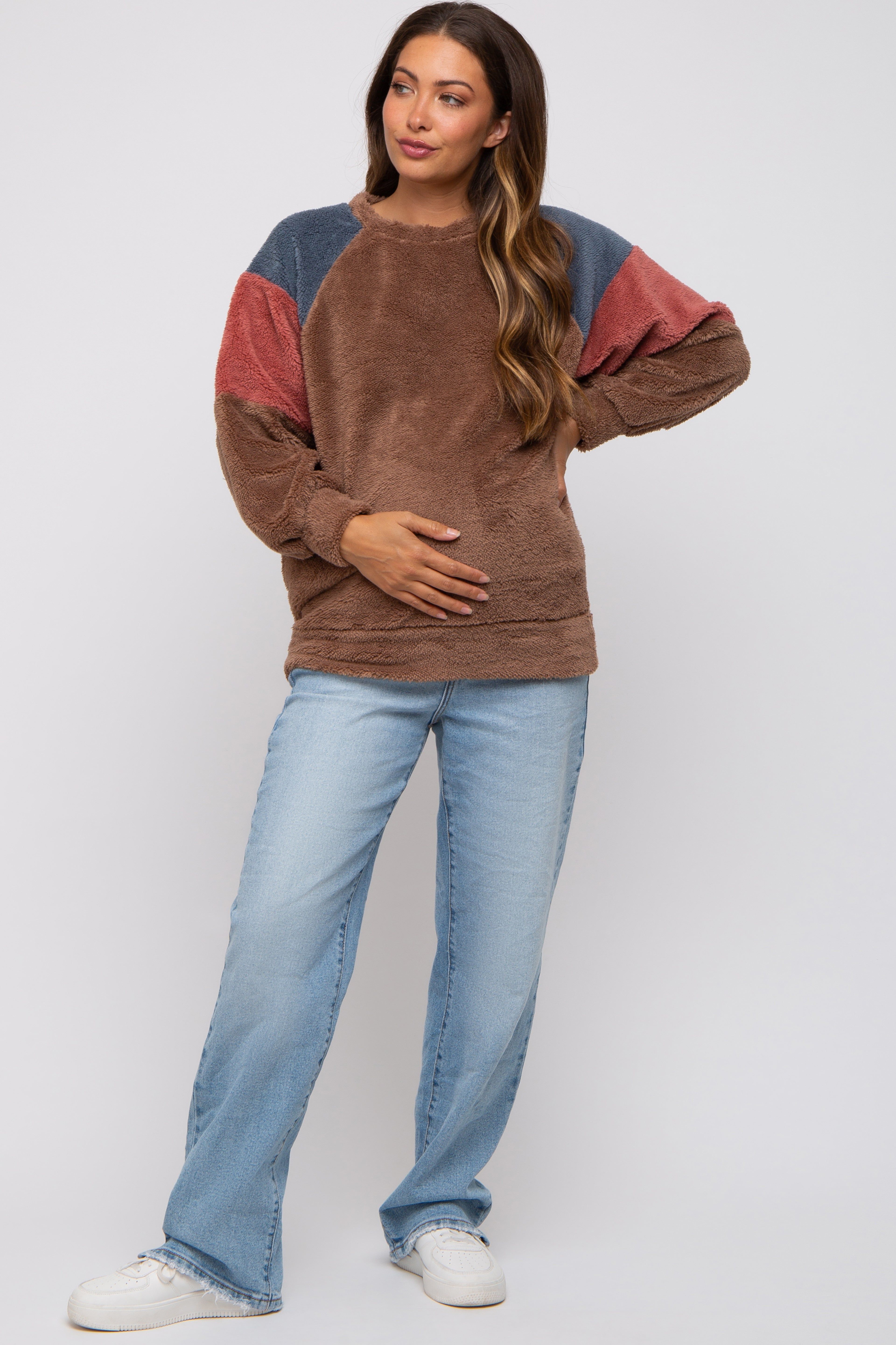 Brown Colorblock Soft Fleece Pullover Maternity Sweater sold by Pinkblush