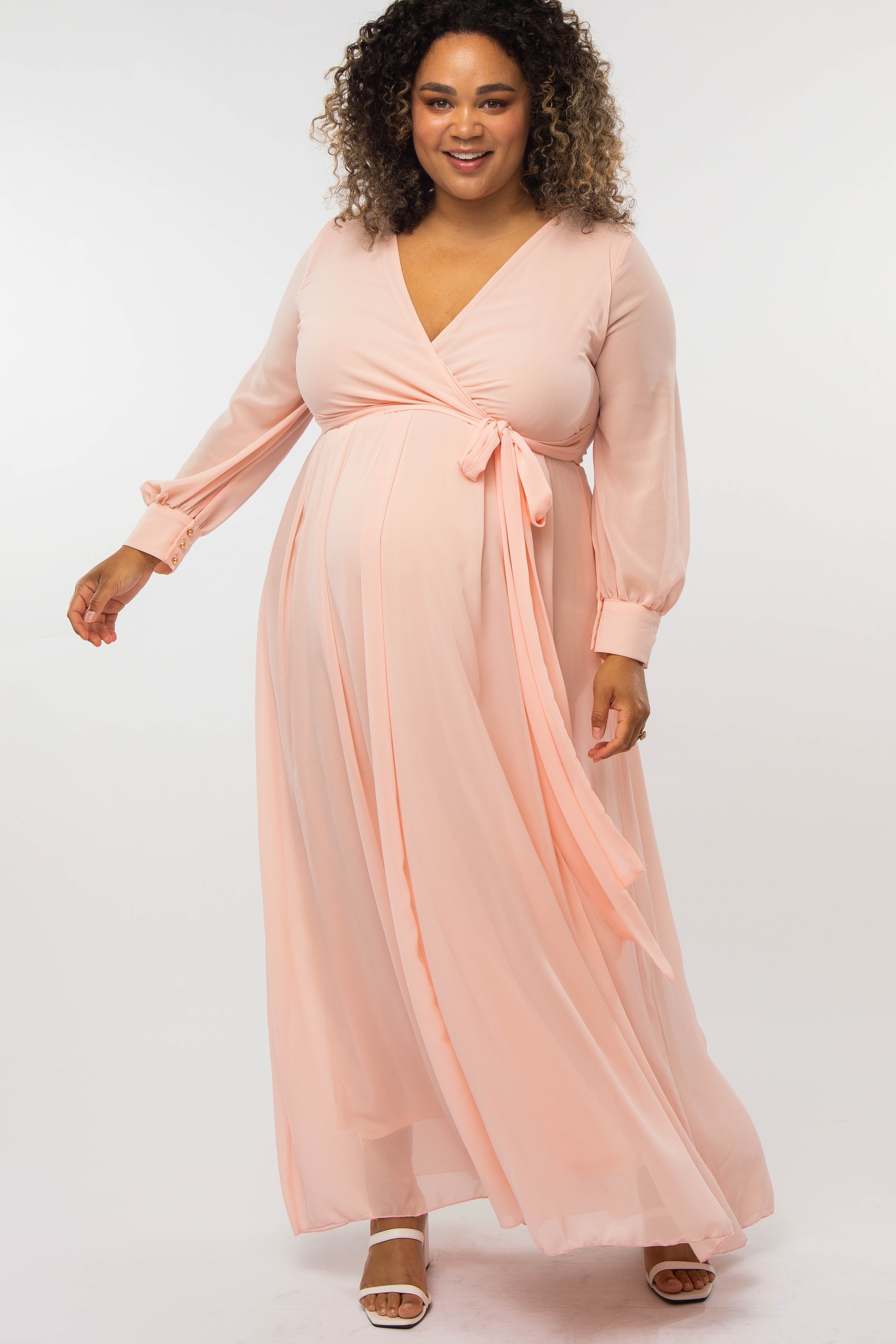 Peach Chiffon Long Sleeve Pleated Plus Maternity Maxi Dress sold by Pinkblush