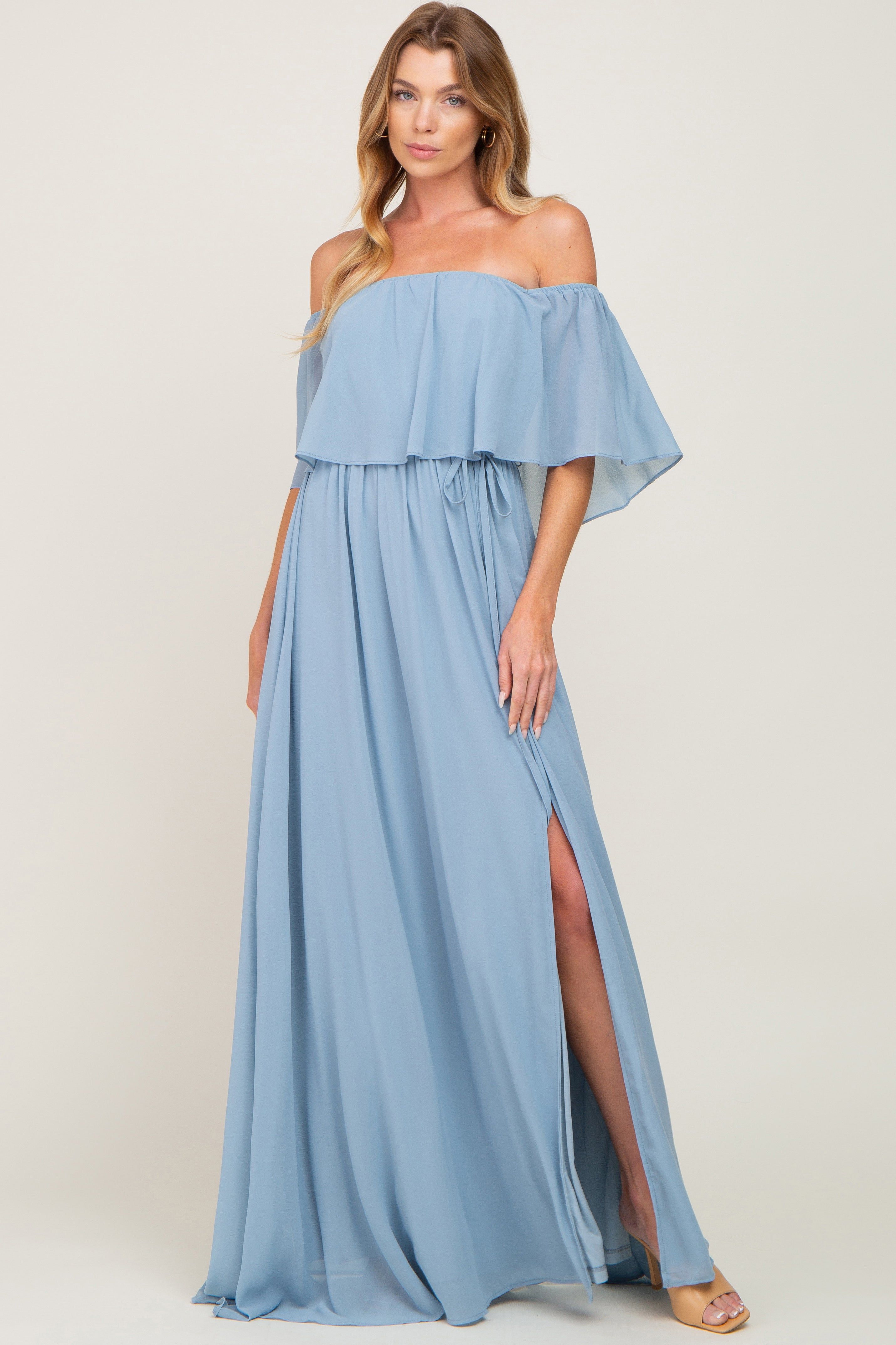 Light Blue Chiffon Off Shoulder Maternity Maxi Dress sold by Pinkblush product image thumbnail 5