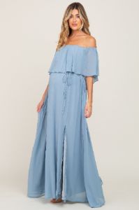 Light Blue Chiffon Off Shoulder Maternity Maxi Dress sold by Pinkblush
