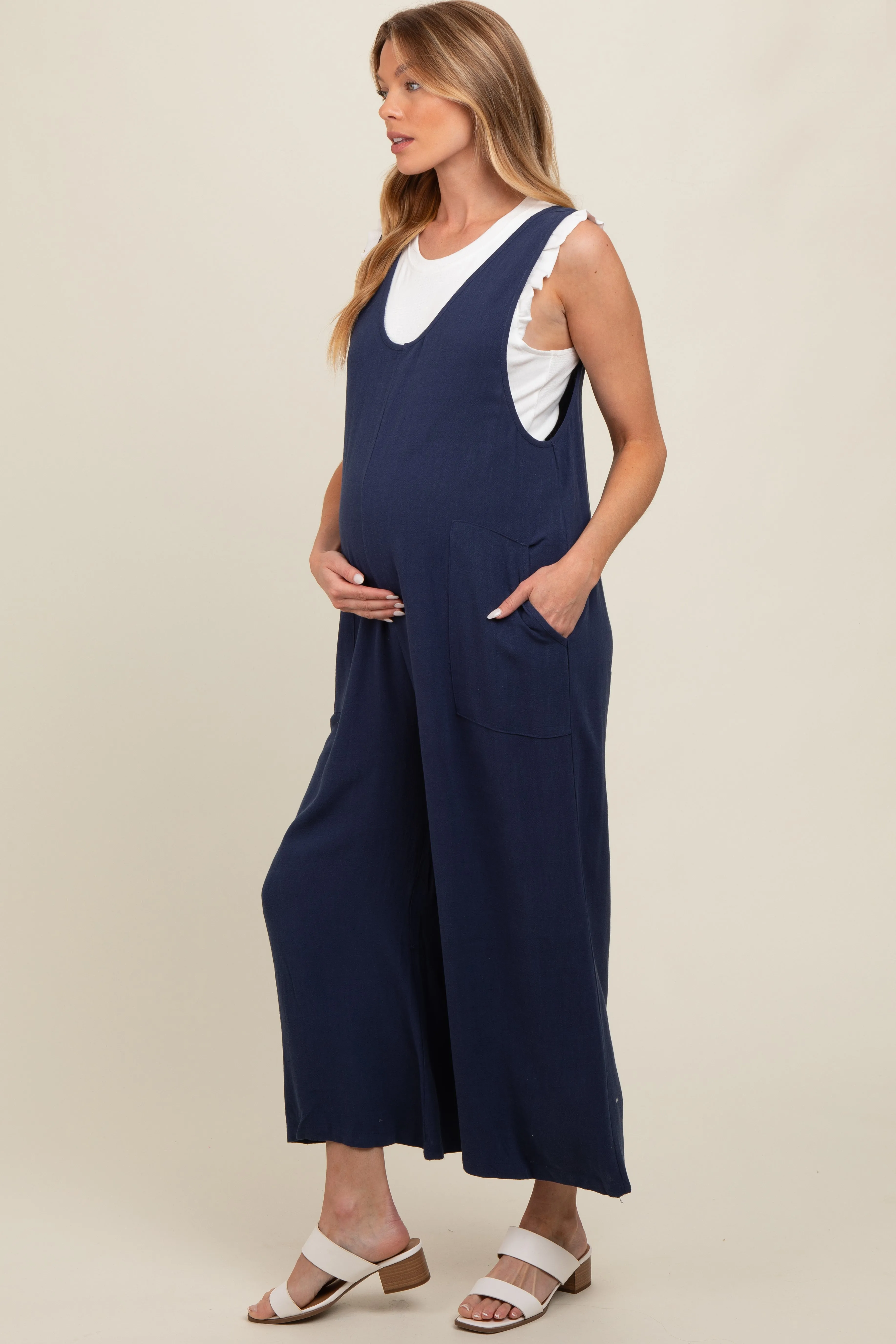 Navy Blue V-Neck Wide Leg Maternity Jumpsuit sold by Pinkblush product image thumbnail 3
