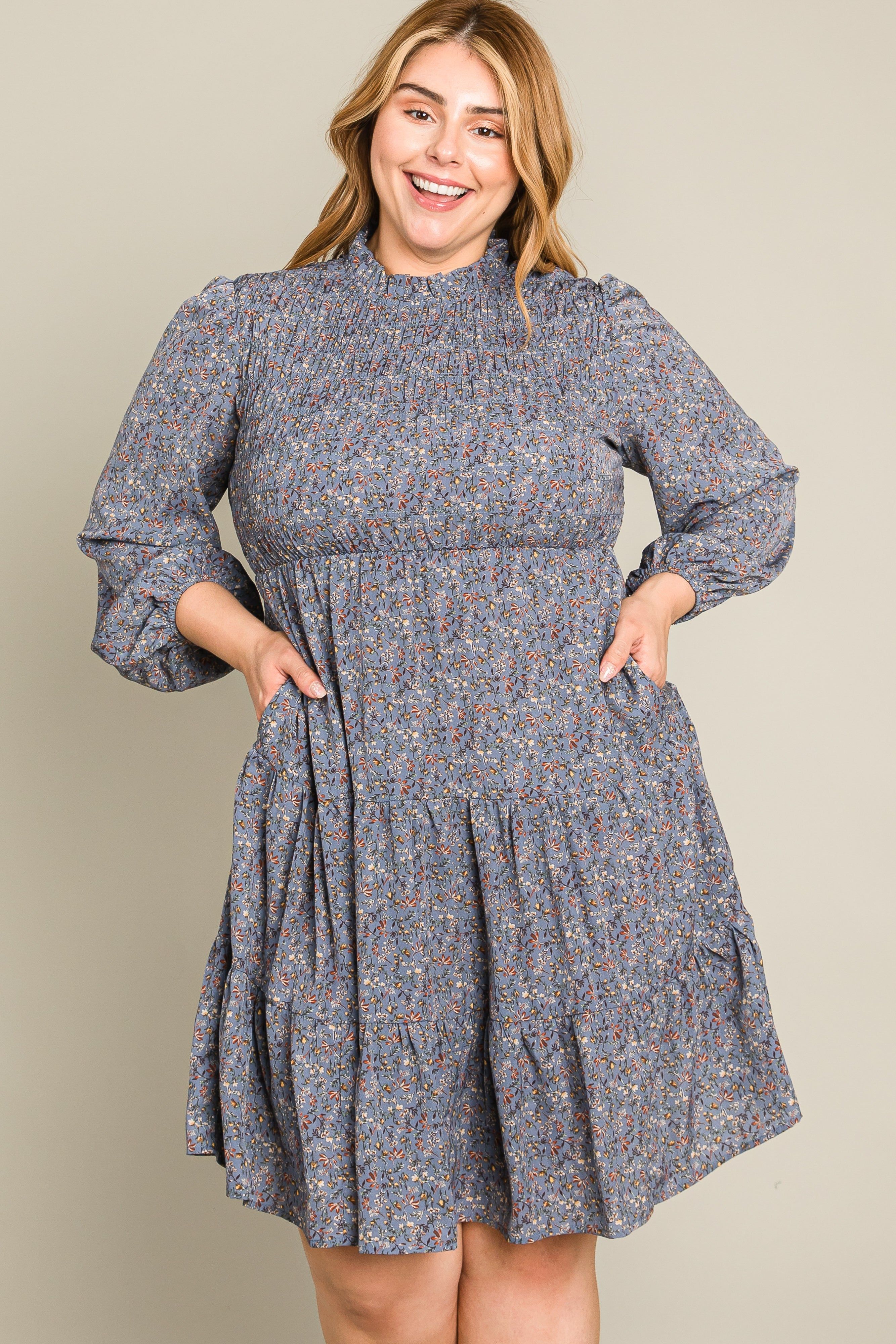 Blue Floral Shirred Mock Neck Plus Dress sold by Pinkblush product image thumbnail 11