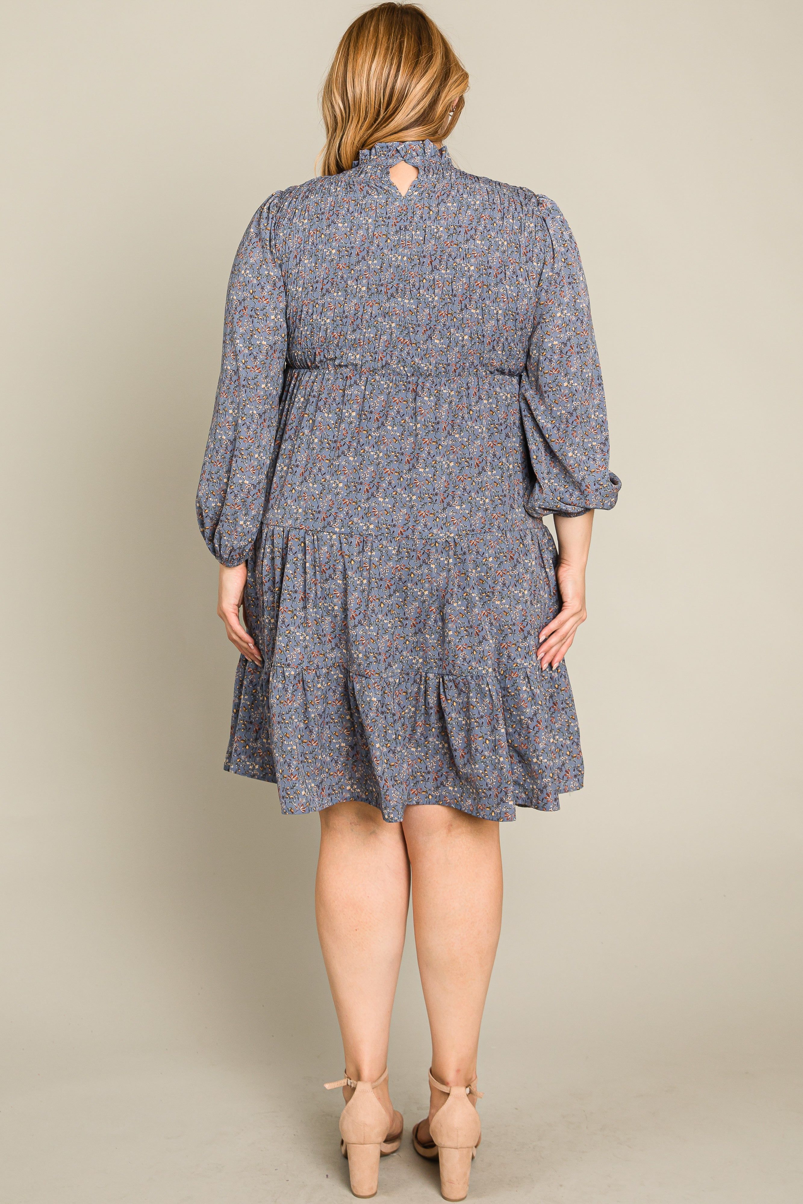 Blue Floral Shirred Mock Neck Plus Dress sold by Pinkblush product image thumbnail 9