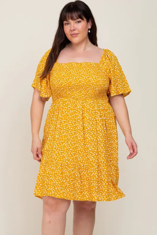 Yellow Floral Smocked Square Neck Ruffle Hem Plus Dress sold by Pinkblush