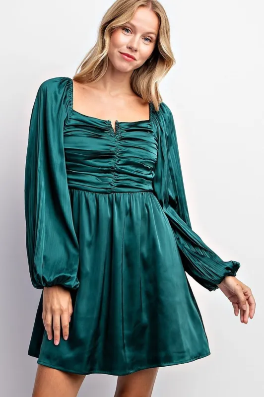 Hunter Green Pleated Bubble Sleeve Satin Mini Dress sold by Pinkblush