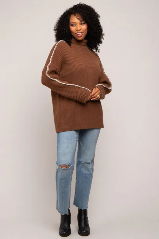 Brown Contrast Stitch Turtleneck Sweater sold by Pinkblush
