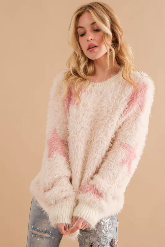 Pink Loose Fuzzy Cozy Star Print Pullover Sweater sold by Pinkblush
