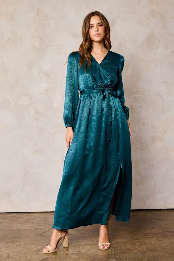 Teal Brushed Satin Faux Wrap Dress sold by Pinkblush
