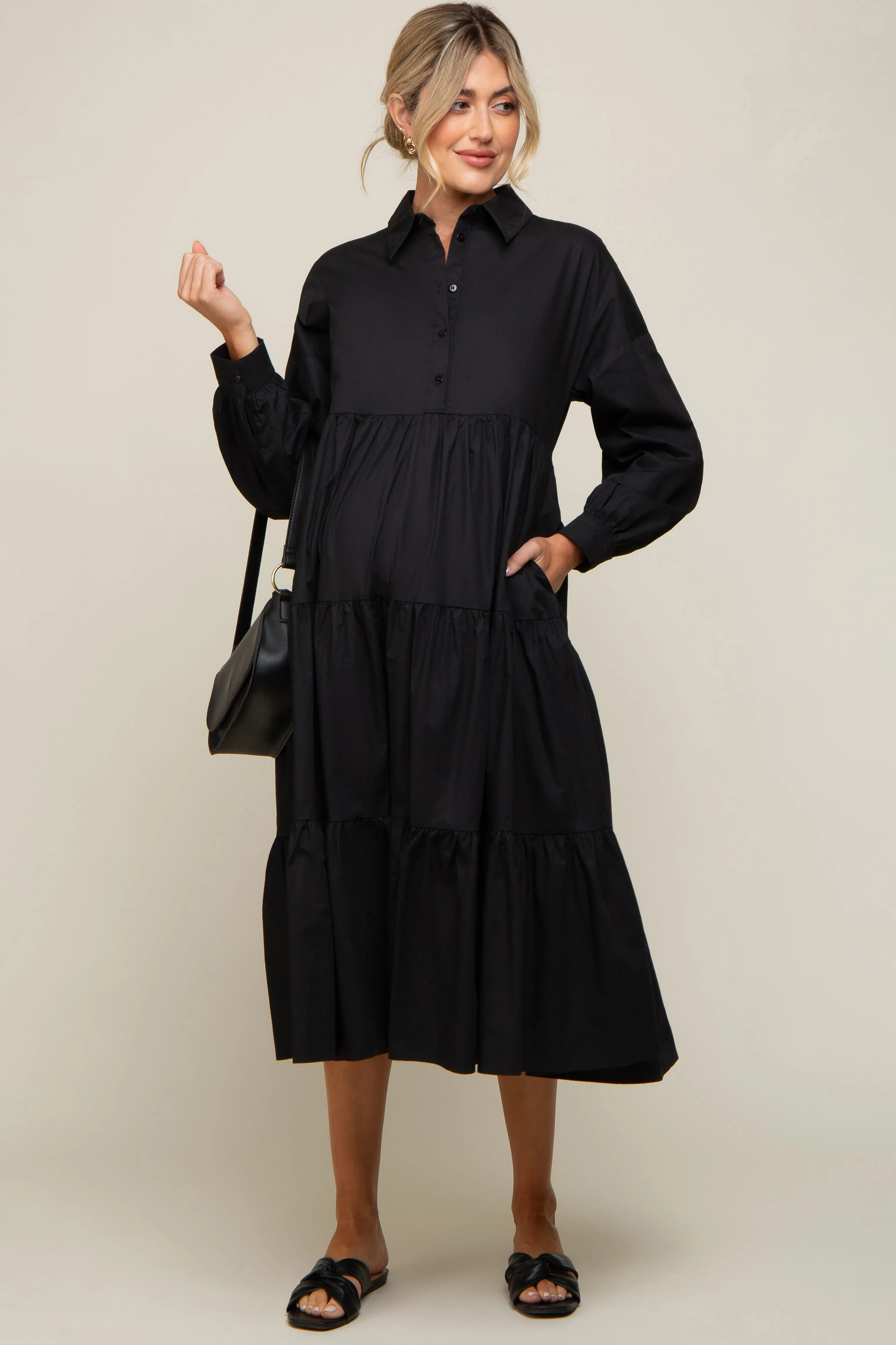 Black Tiered Button Down Maternity Midi Dress sold by Pinkblush product image thumbnail 5