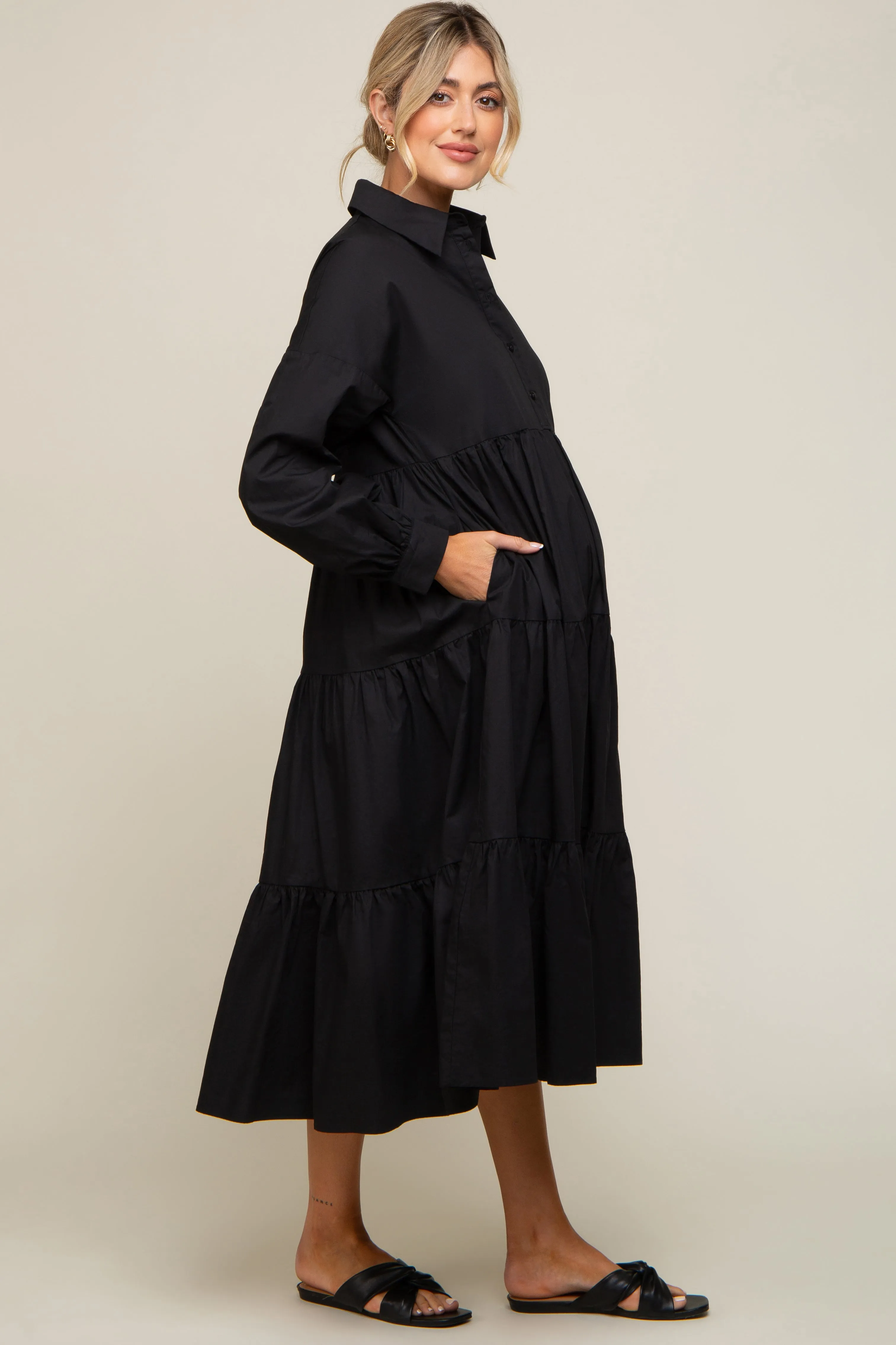 Black Tiered Button Down Maternity Midi Dress sold by Pinkblush product image thumbnail 2
