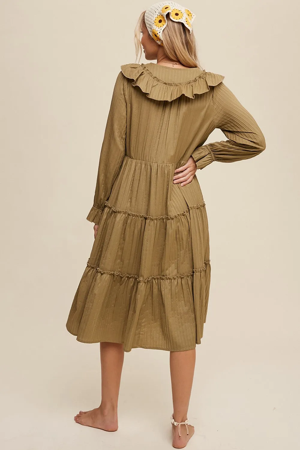 Olive Ruffle Detail Tiered Long Sleeve Midi Dress sold by Pinkblush product image thumbnail 3