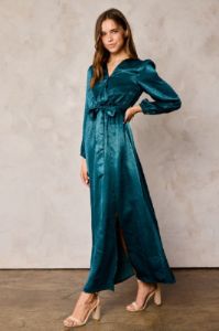 Teal Brushed Satin Faux Wrap Dress sold by Pinkblush