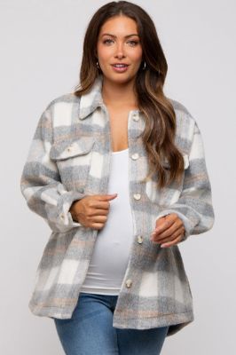 Heather Grey Plaid Fuzzy Button Up Maternity Jacket sold by Pinkblush