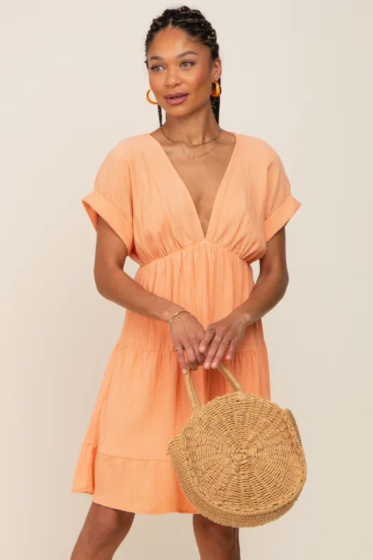 Peach V-Neck Tiered Cutout Back Dress sold by Pinkblush