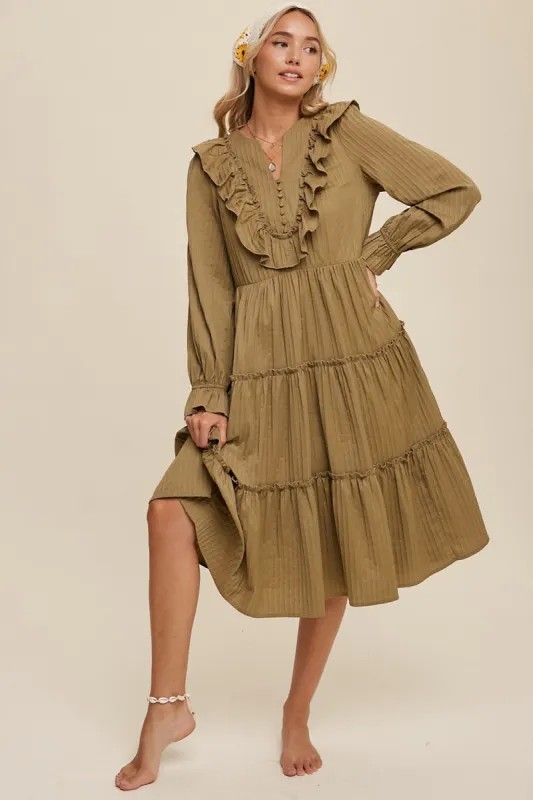 Olive Ruffle Detail Tiered Long Sleeve Midi Dress sold by Pinkblush