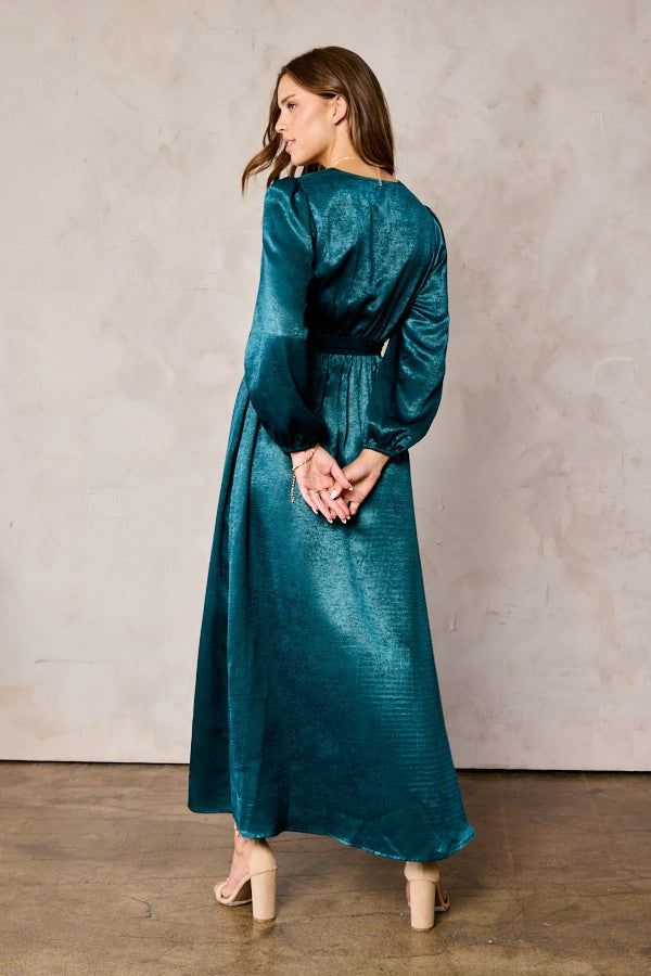 Teal Brushed Satin Faux Wrap Dress sold by Pinkblush product image thumbnail 3