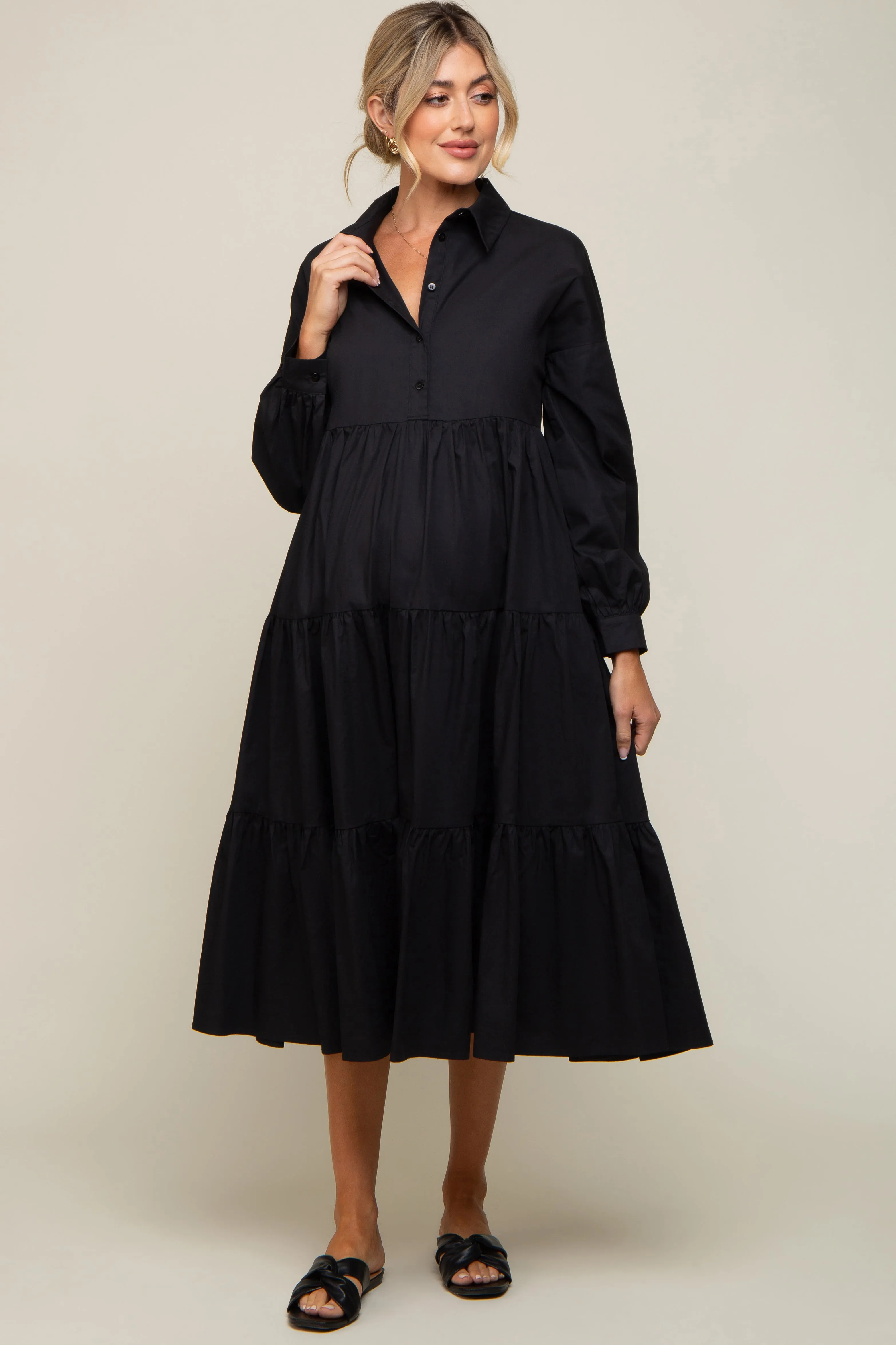 Black Tiered Button Down Maternity Midi Dress sold by Pinkblush product image thumbnail 4