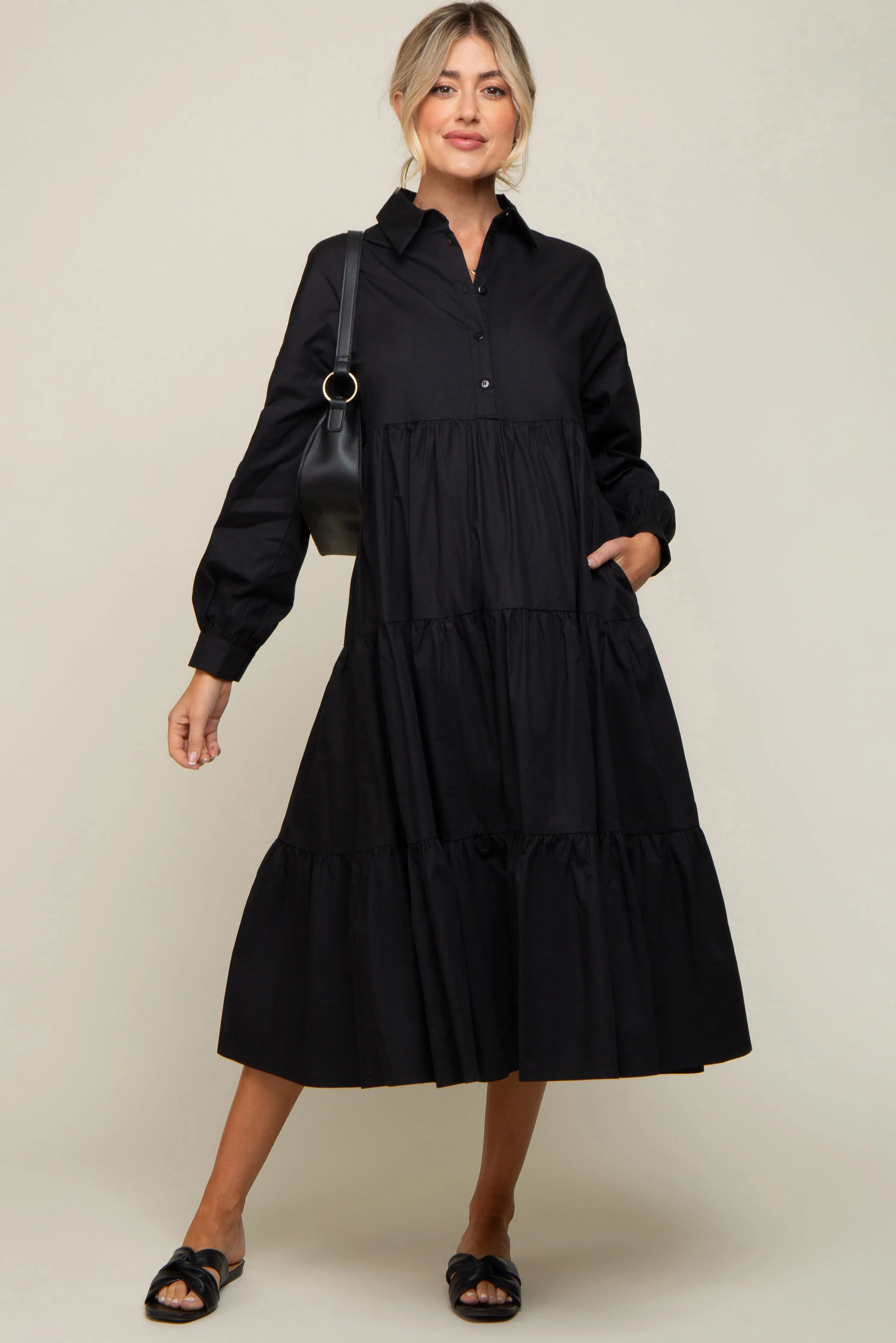 Black Tiered Button Down Maternity Midi Dress sold by Pinkblush