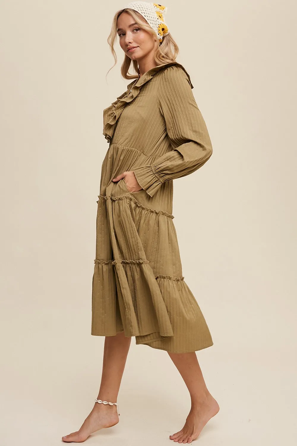Olive Ruffle Detail Tiered Long Sleeve Midi Dress sold by Pinkblush product image thumbnail 2