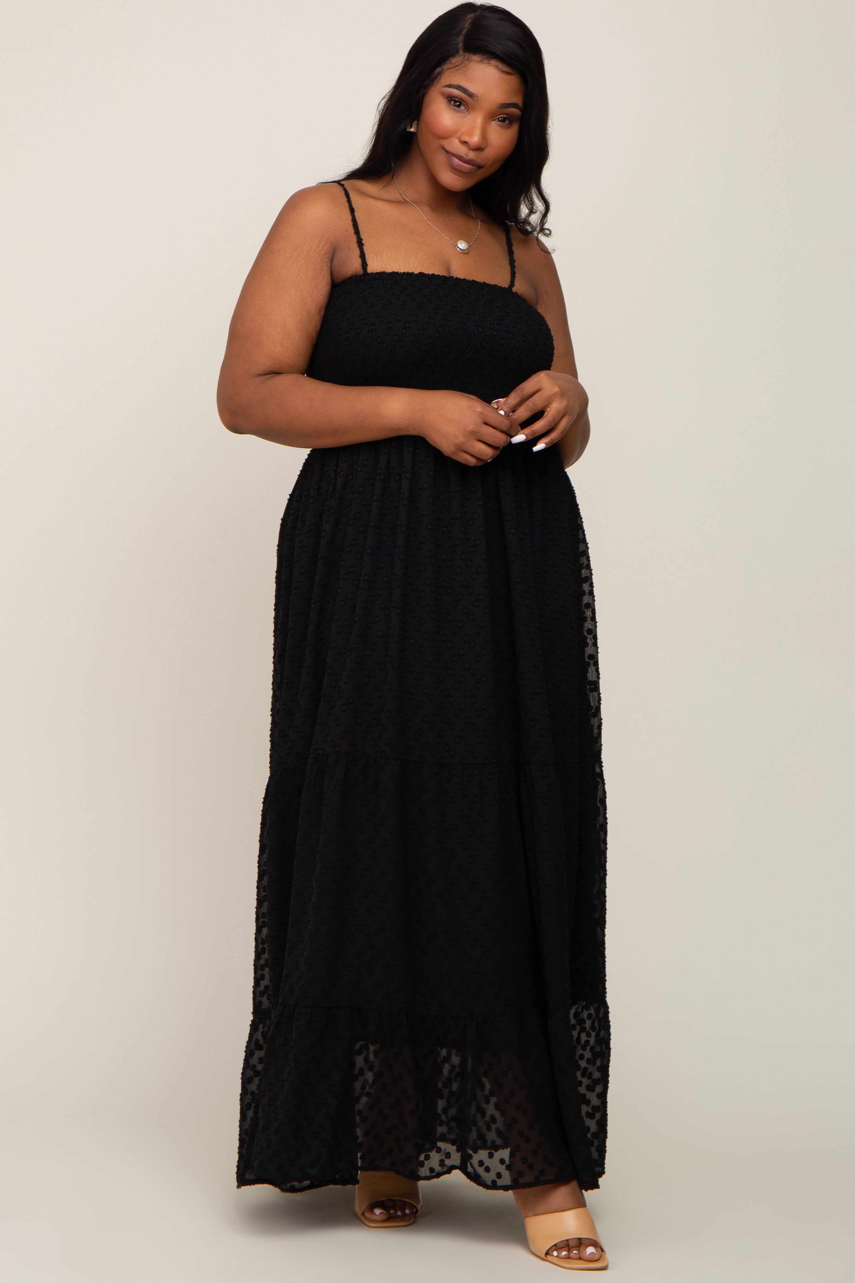 Black Textured Dot Chiffon Sleeveless Plus Maxi Dress sold by Pinkblush